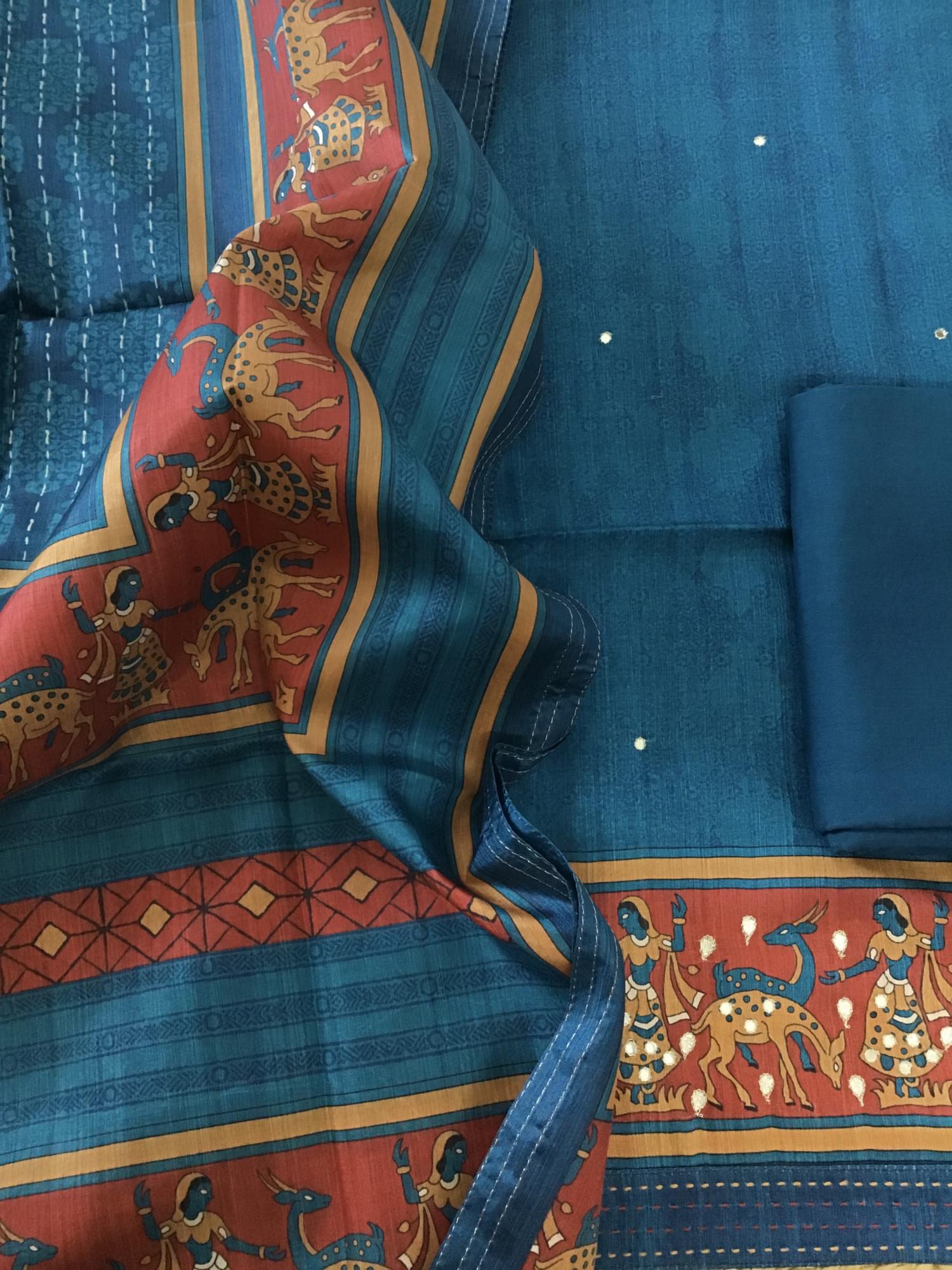 Soft Semi Tussar Printed Embroidered Suit - Blue