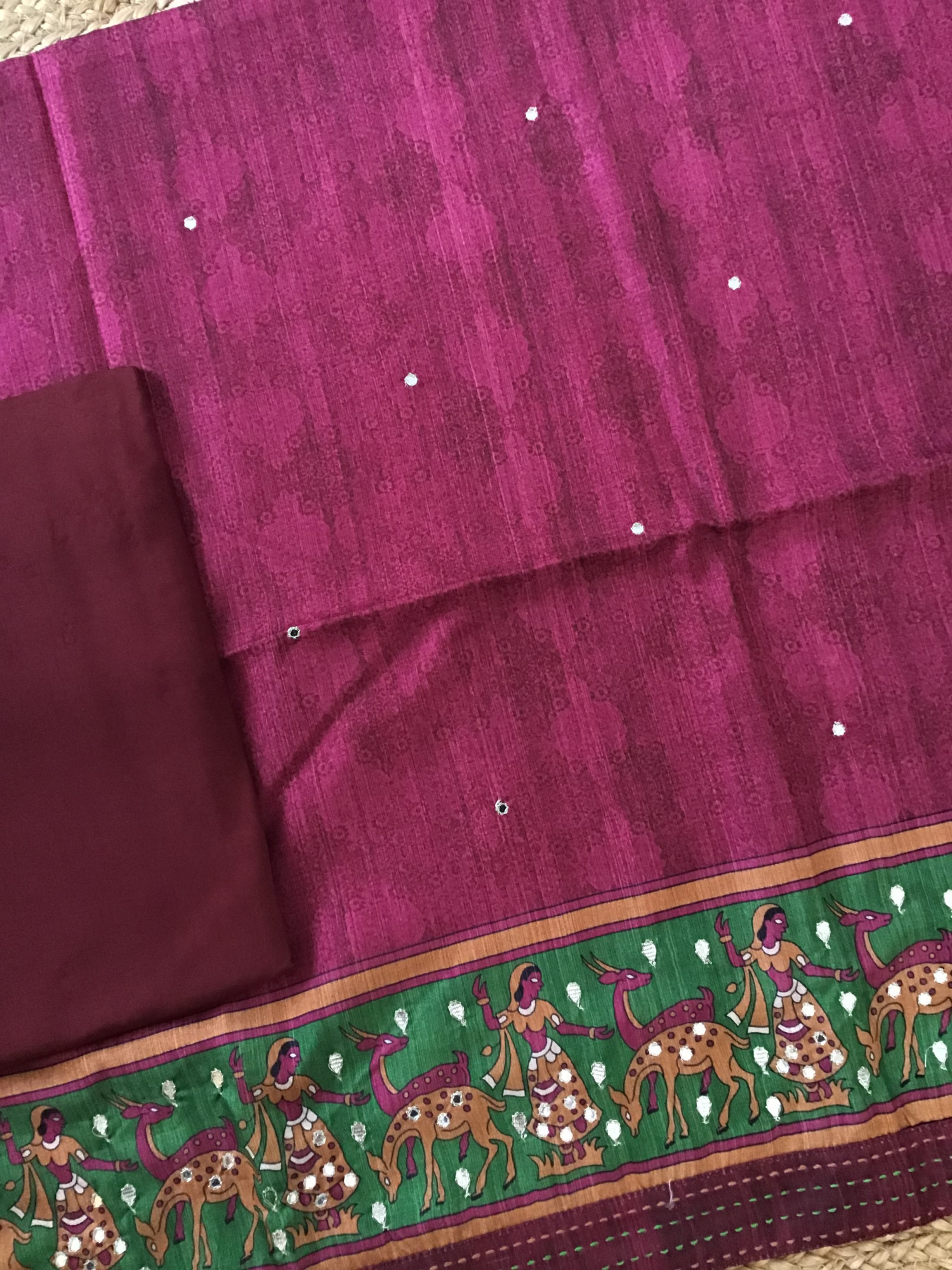 Soft Semi Tussar Printed Embroidered Suit - Pink