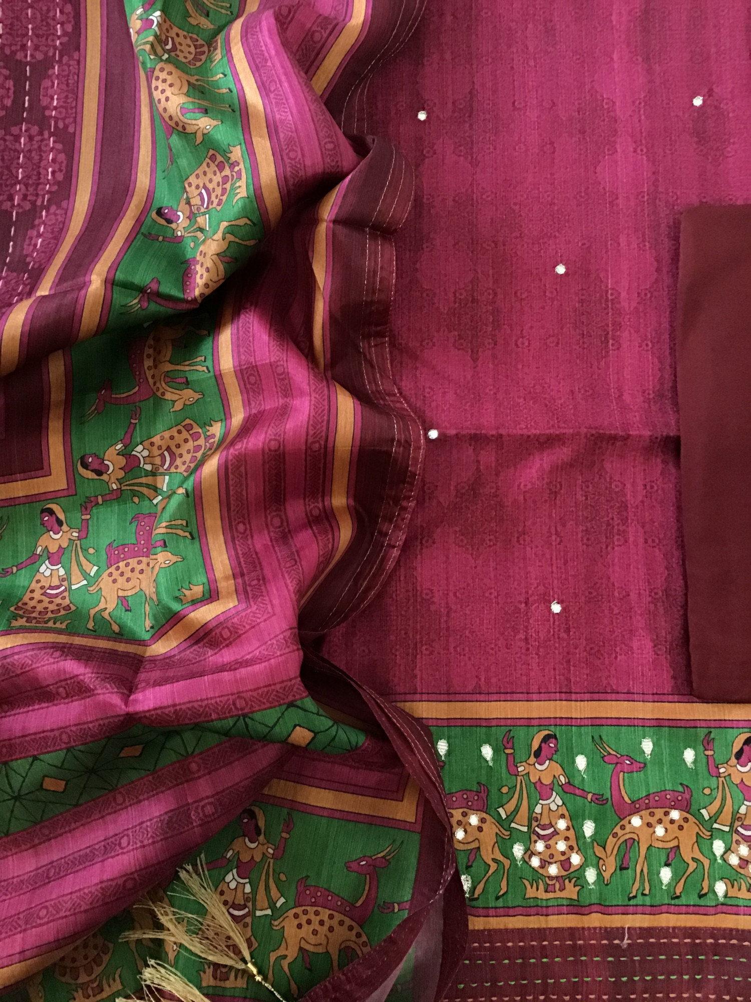 Soft Semi Tussar Printed Embroidered Suit - Pink