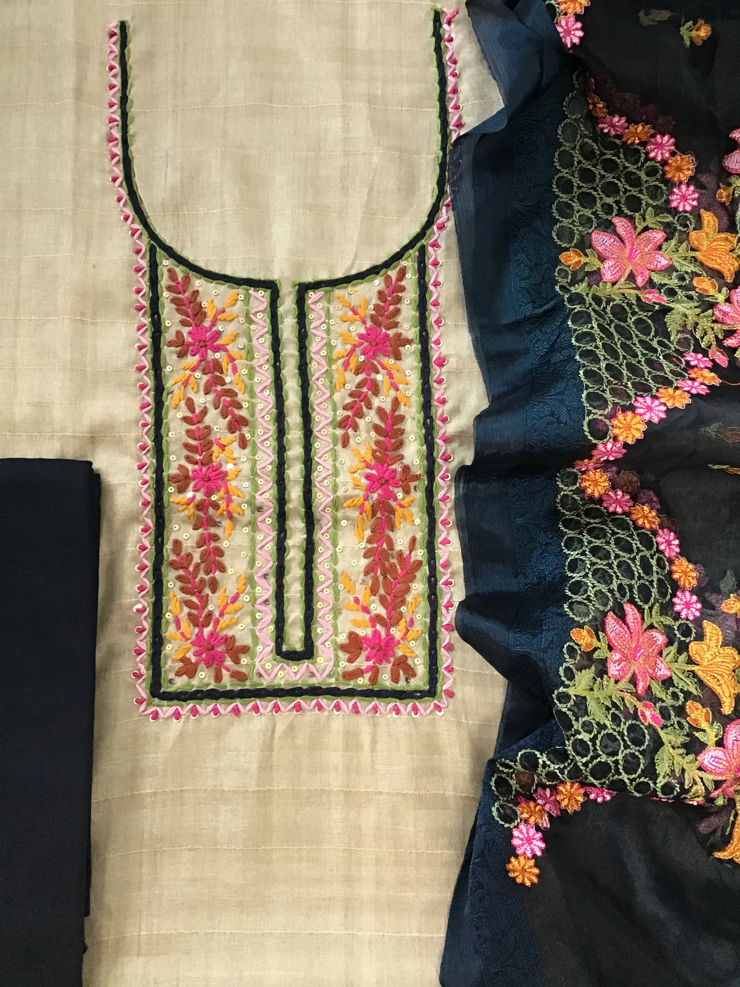 Soft Semi Geecha Tussar Embroidered Suit - BeigeBlack