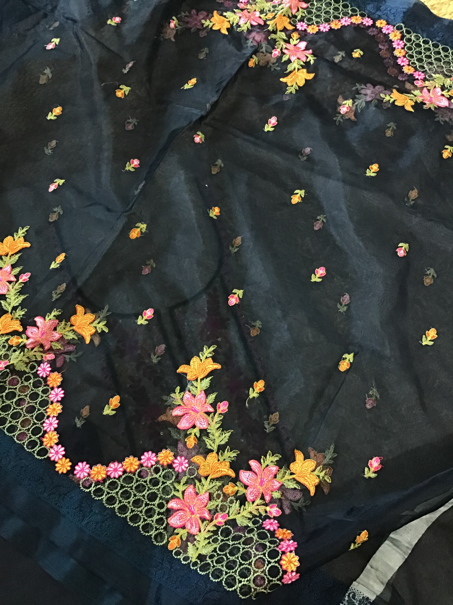 Soft Semi Geecha Tussar Embroidered Suit - BeigeBlack