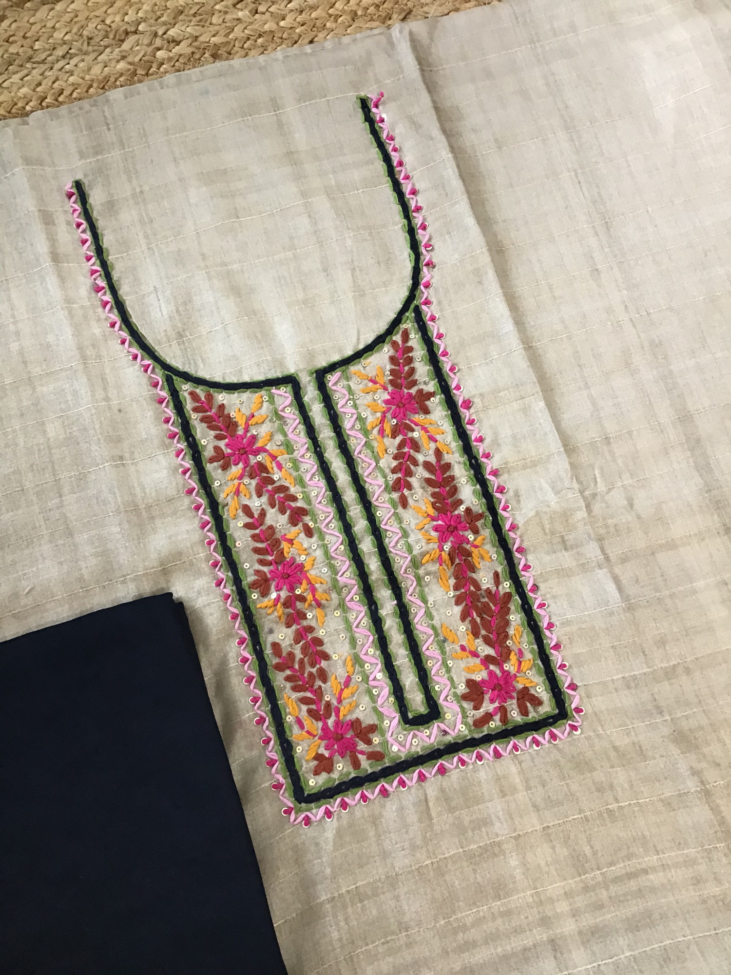 Soft Semi Geecha Tussar Embroidered Suit - BeigeBlack