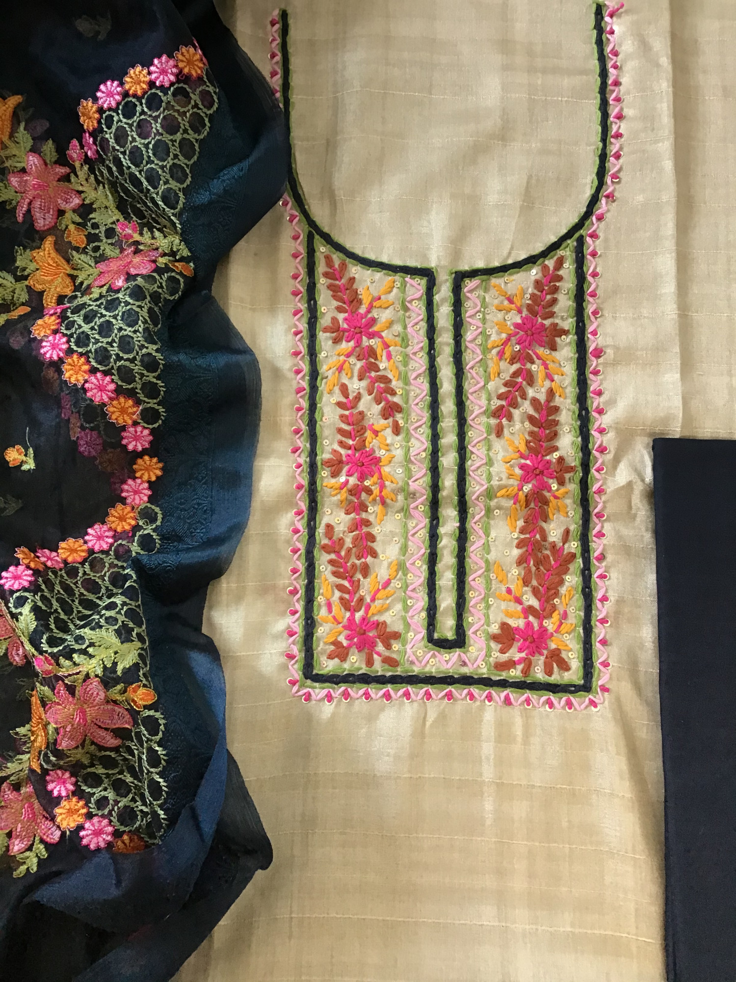 Soft Semi Geecha Tussar Embroidered Suit - BeigeBlack