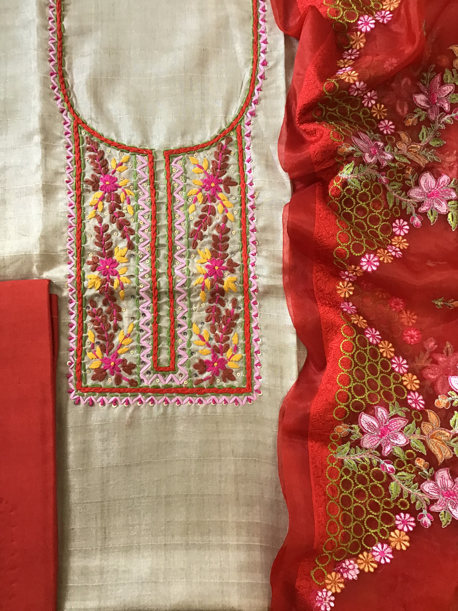 Soft Semi Geecha Tussar Embroidered Suit - BeigeRed