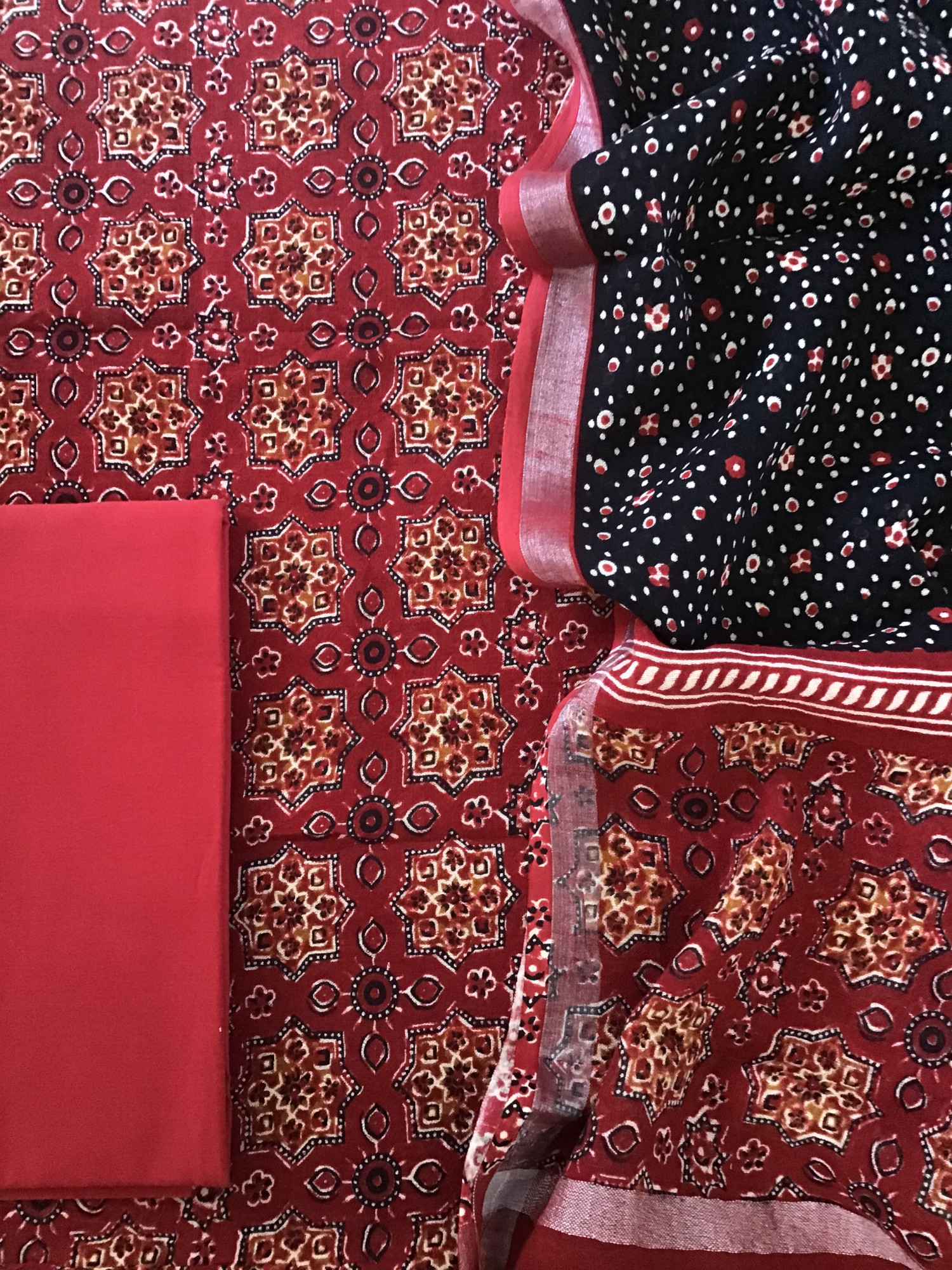 Pure Linen Jute Cotton Silk Printed Suit - Red