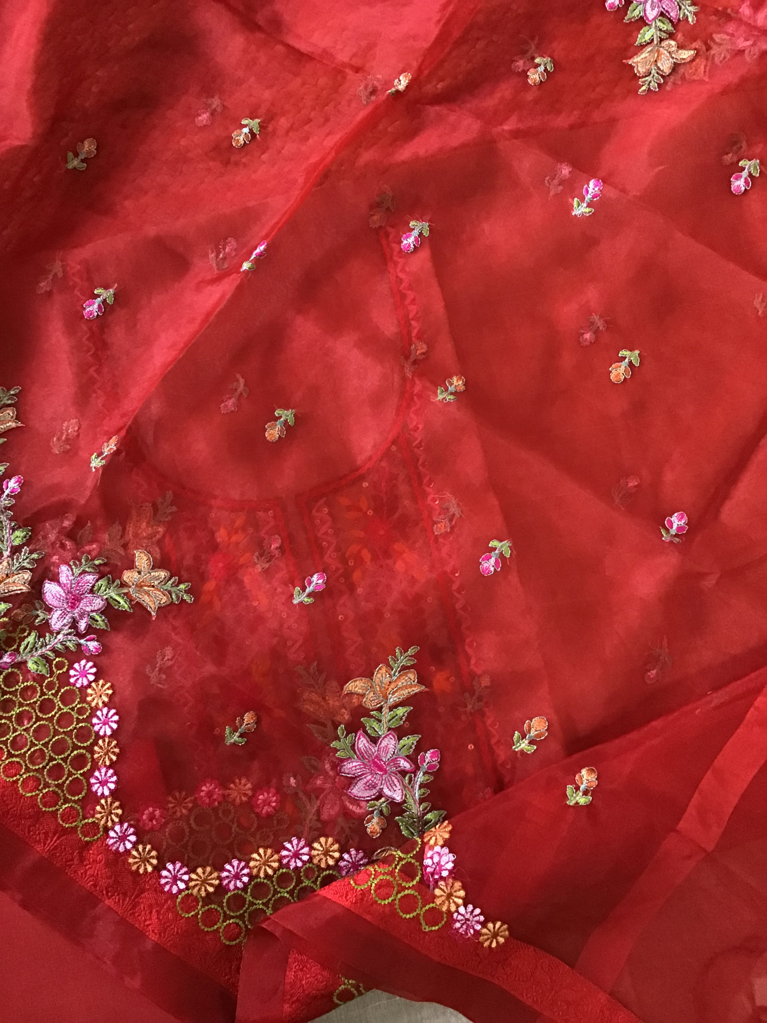 Soft Semi Geecha Tussar Embroidered Suit - BeigeRed