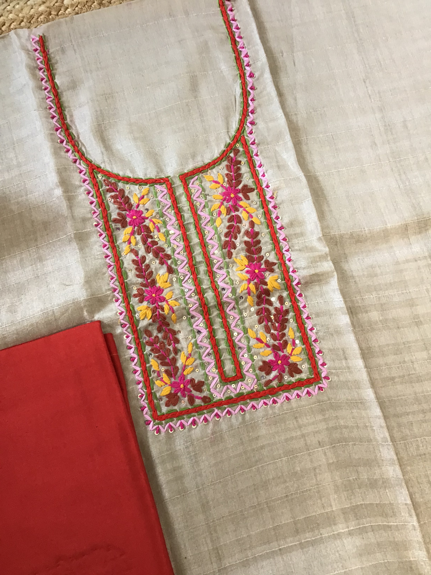 Soft Semi Geecha Tussar Embroidered Suit - BeigeRed