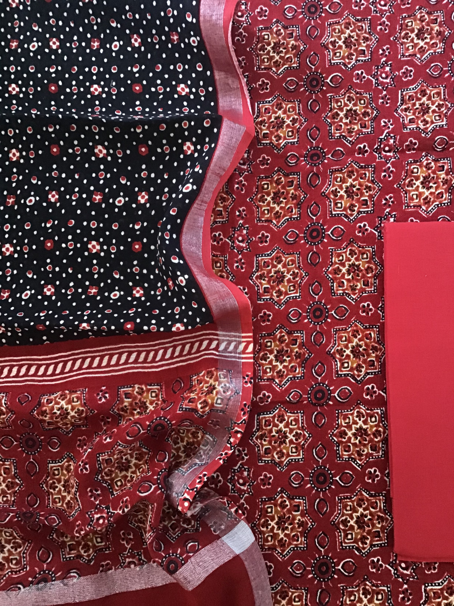 Pure Linen Jute Cotton Silk Printed Suit - Red