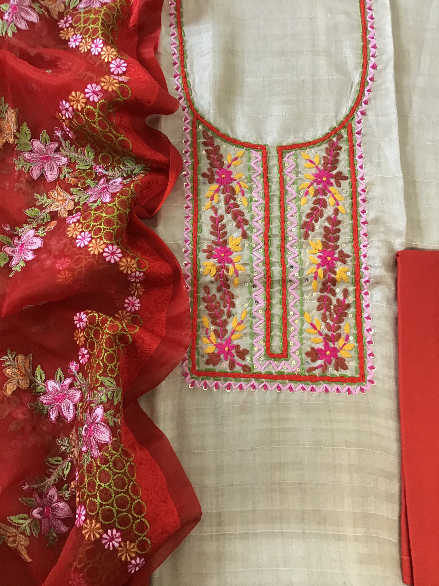 Soft Semi Geecha Tussar Embroidered Suit - BeigeRed