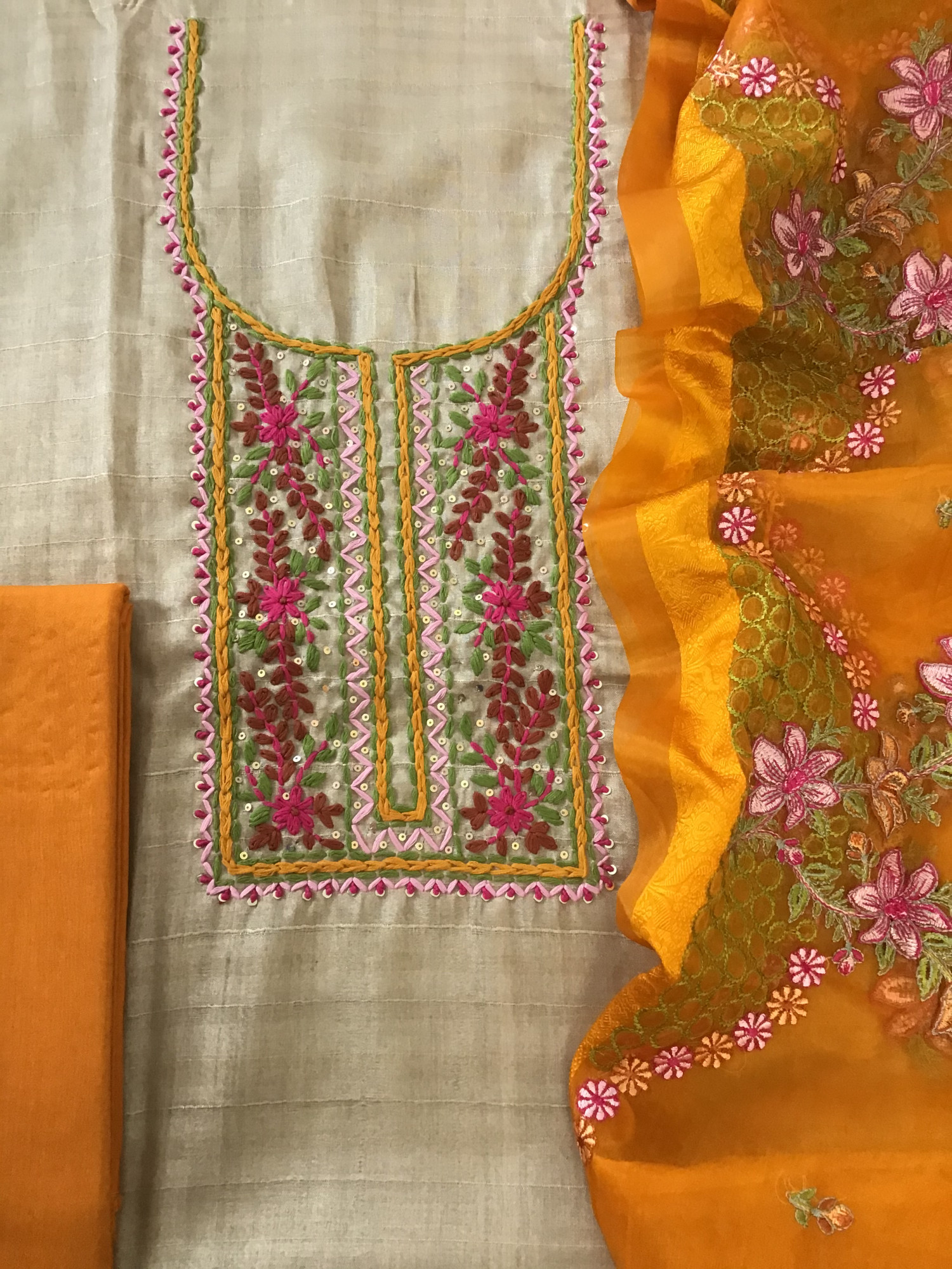 Soft Semi Geecha Tussar Embroidered Suit - BeigeYellow