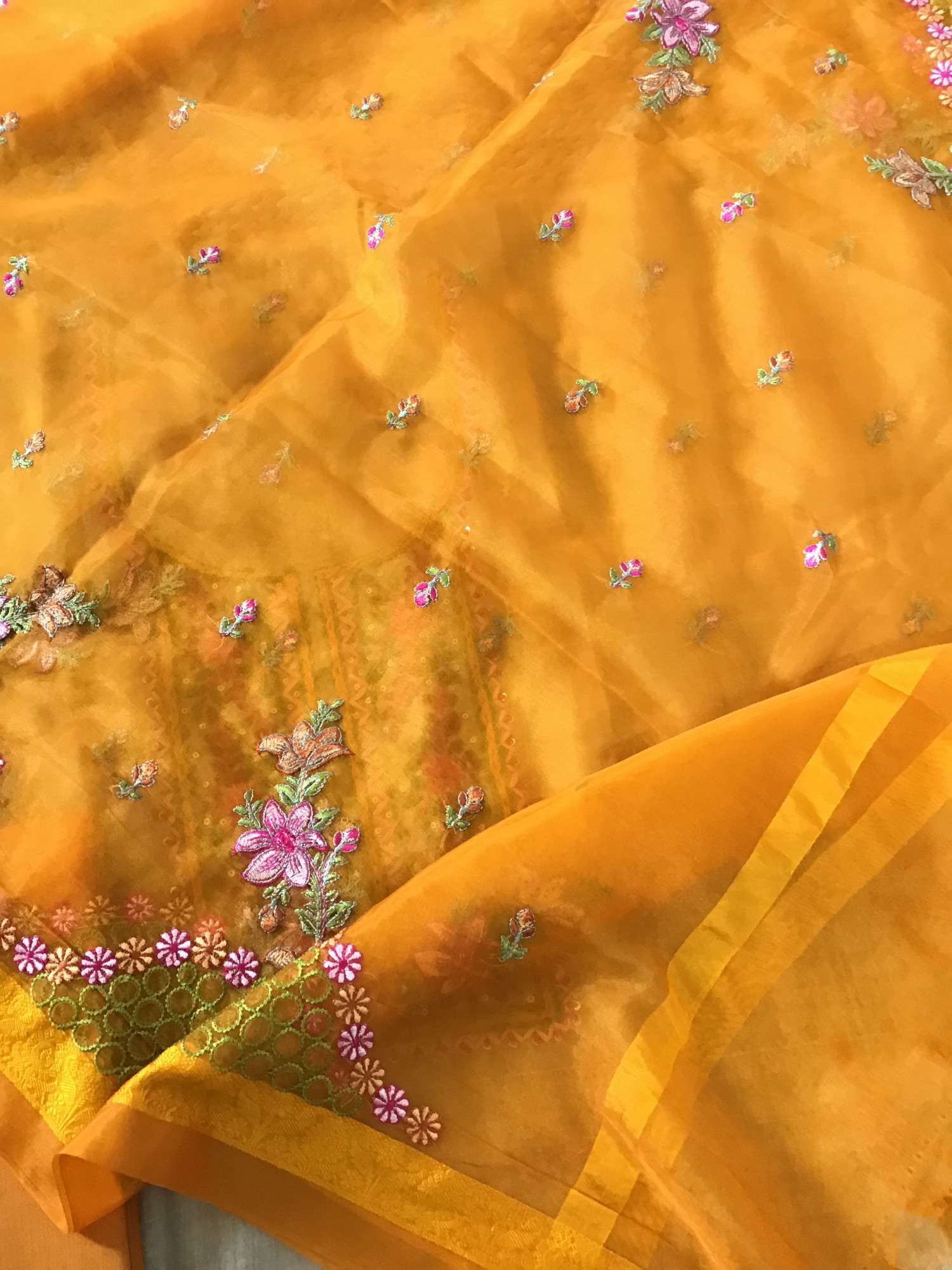 Soft Semi Geecha Tussar Embroidered Suit - BeigeYellow