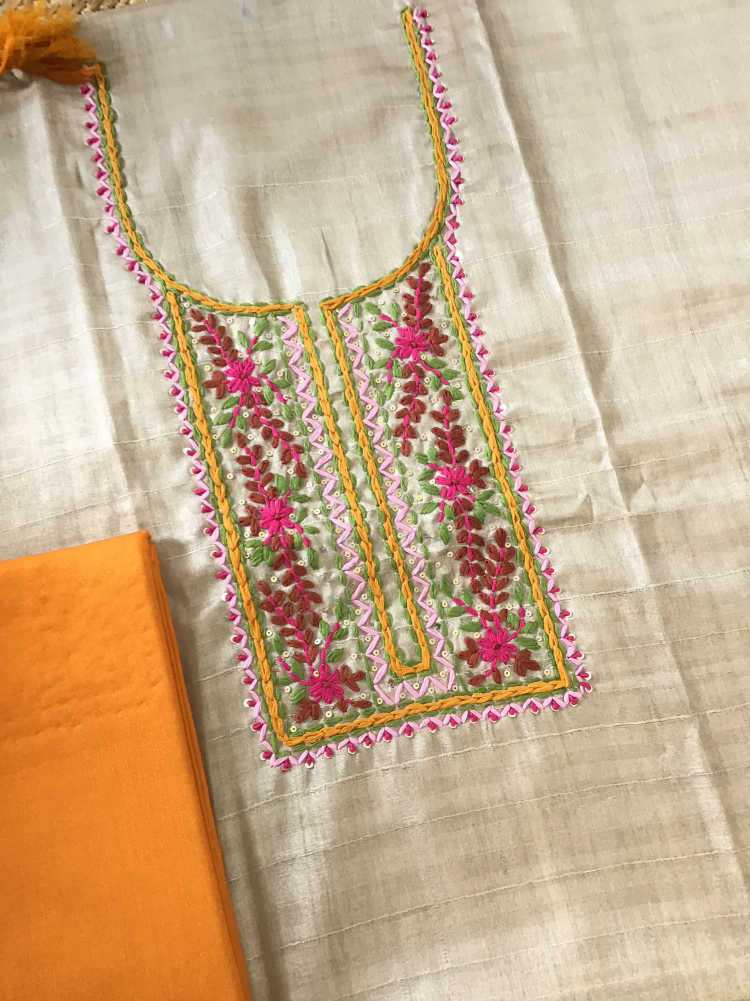 Soft Semi Geecha Tussar Embroidered Suit - BeigeYellow