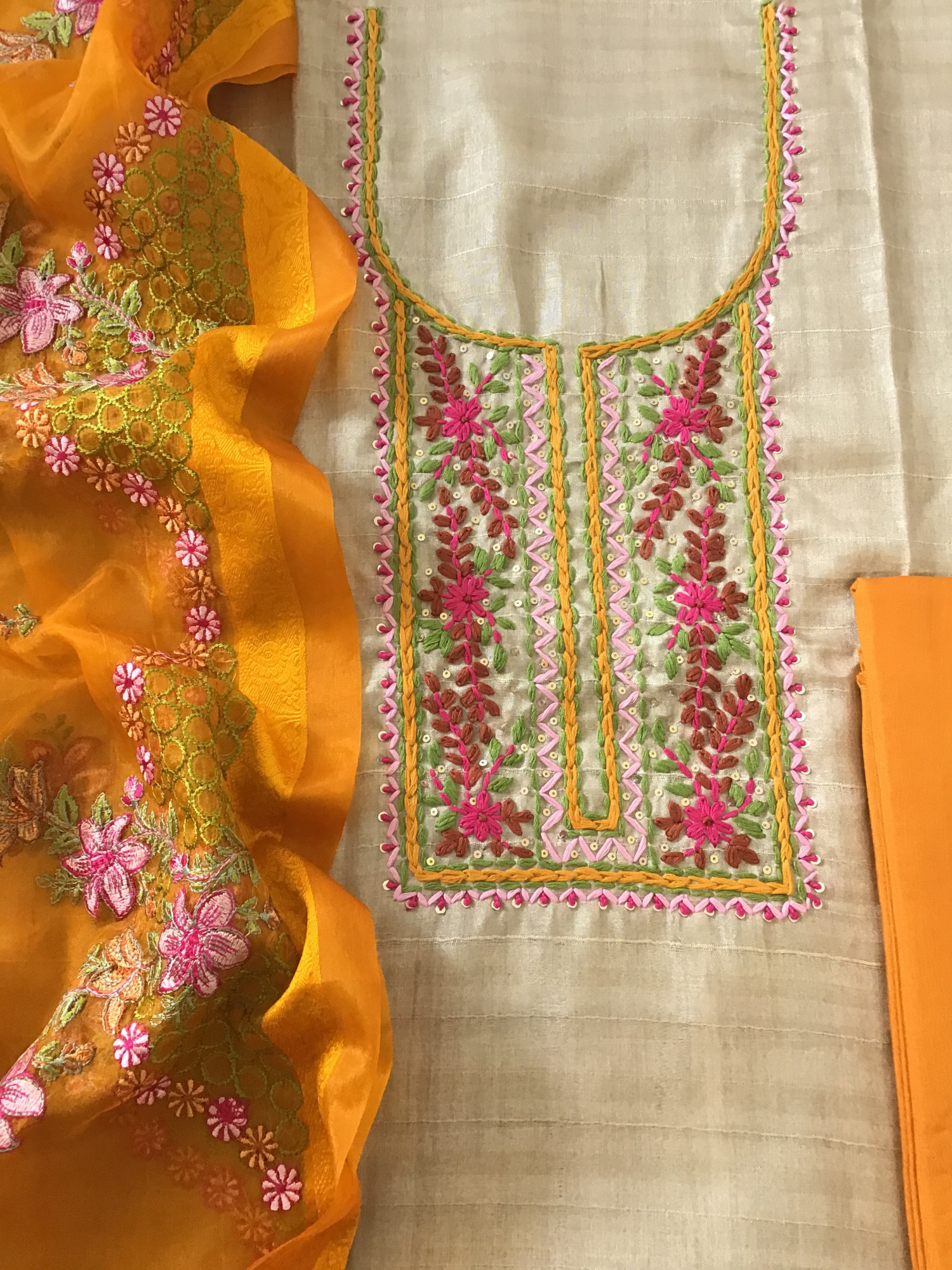 Soft Semi Geecha Tussar Embroidered Suit - BeigeYellow
