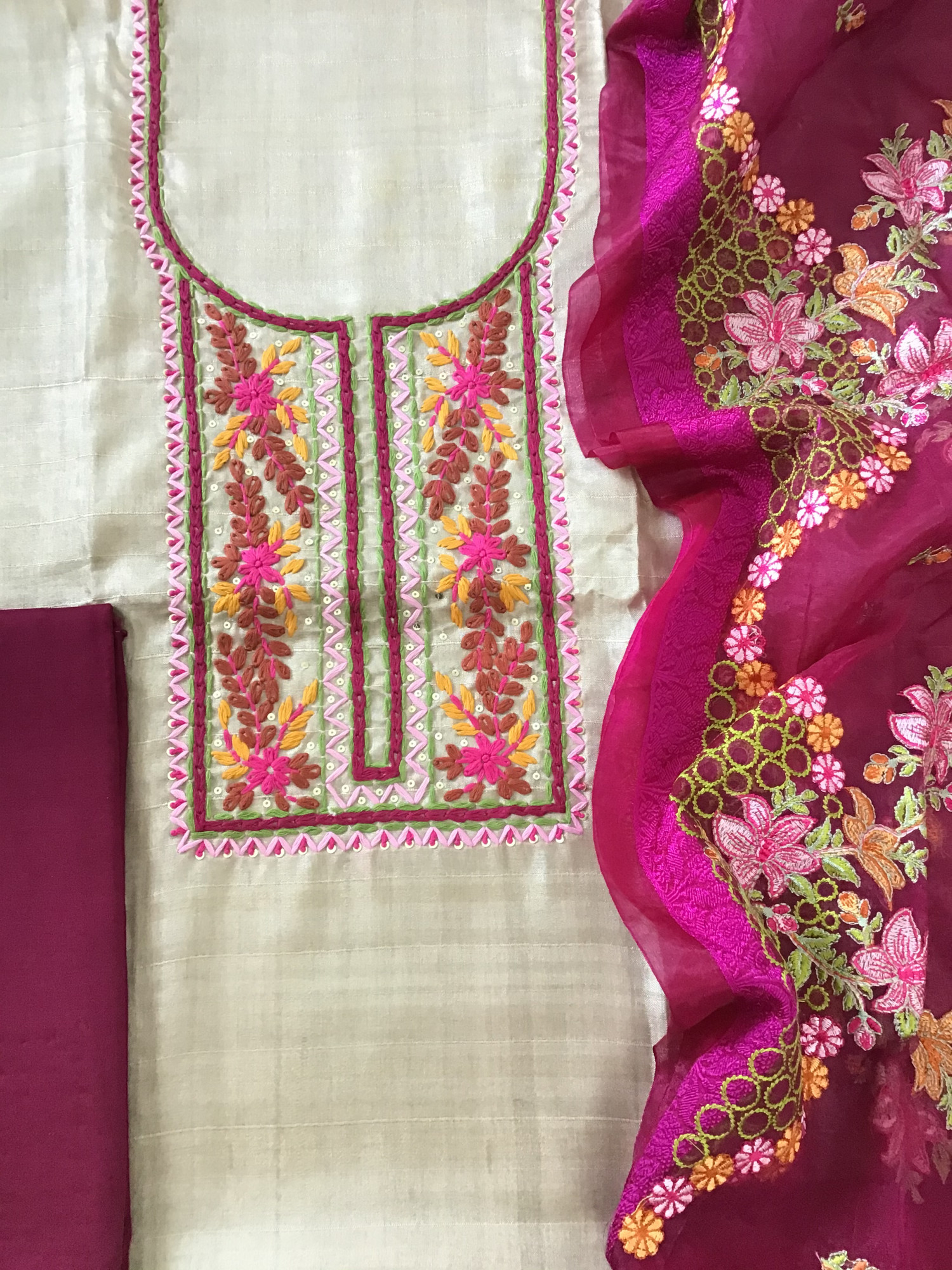Soft Semi Geecha Tussar Embroidered Suit - BeigePink