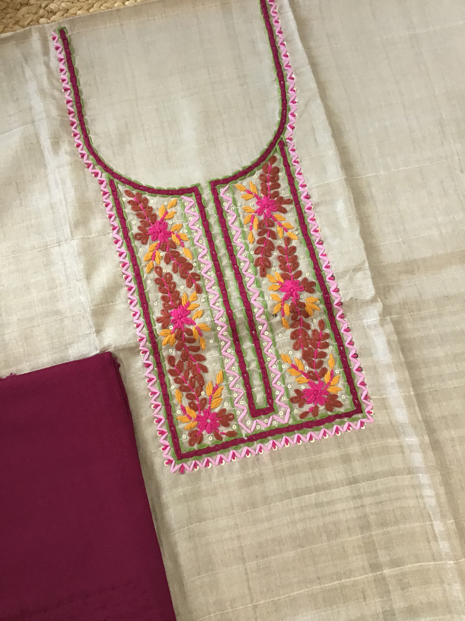 Soft Semi Geecha Tussar Embroidered Suit - BeigePink