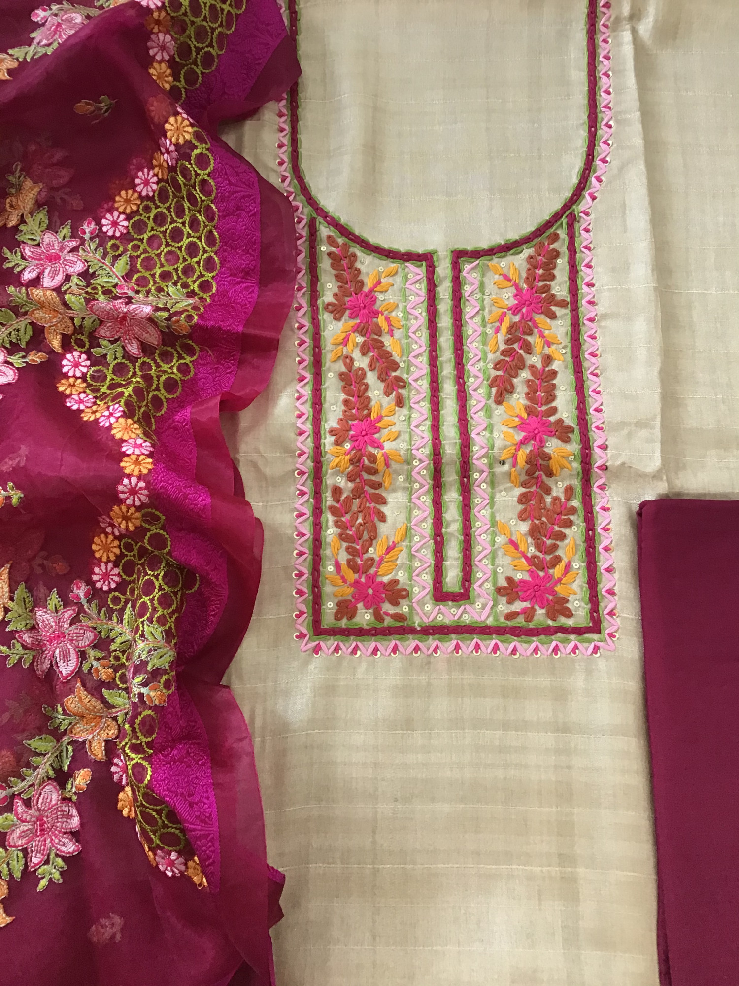 Soft Semi Geecha Tussar Embroidered Suit - BeigePink