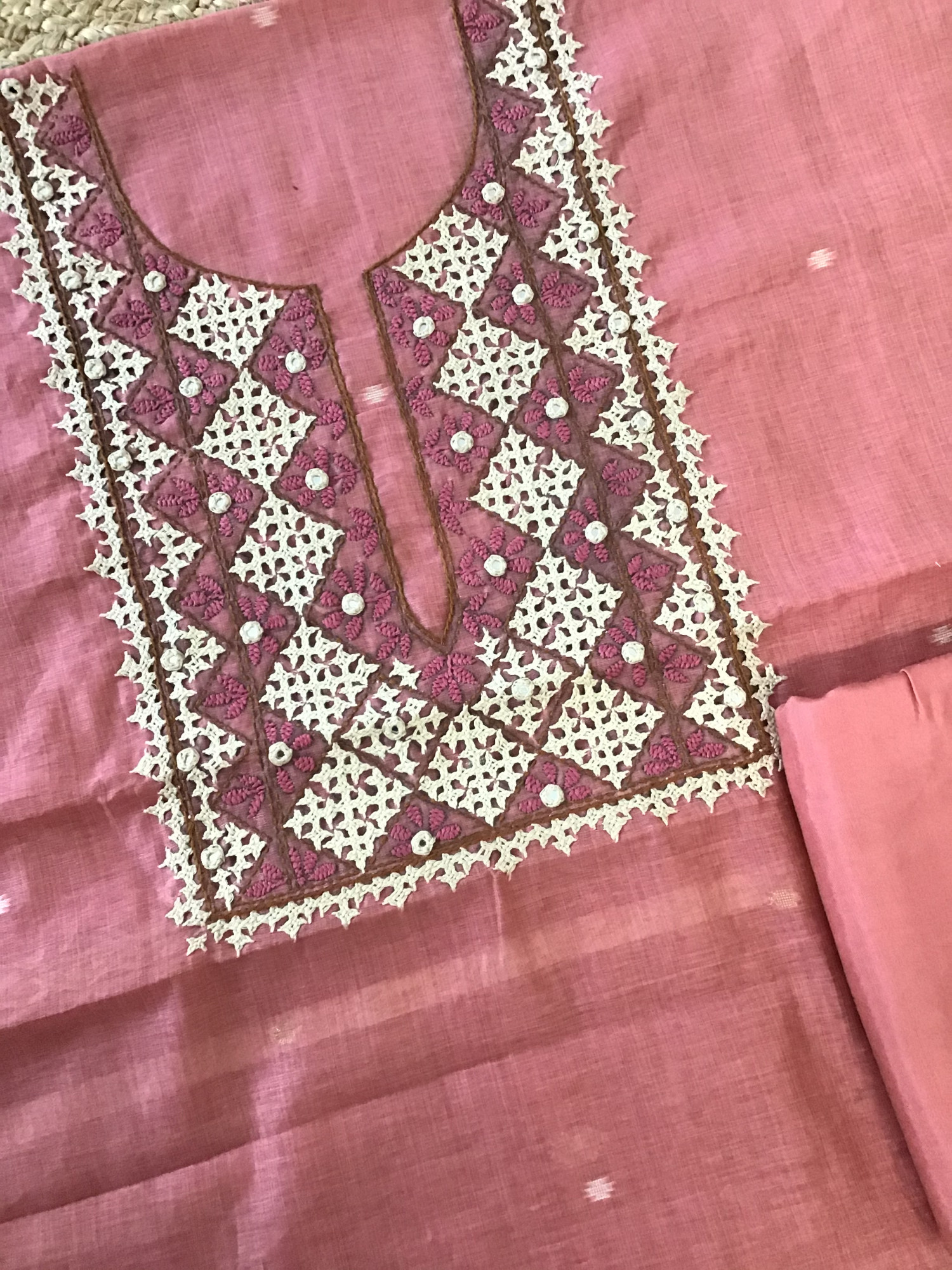 Soft Slub Chanderi Jamdani Weaved Embroidered Suit - Pink