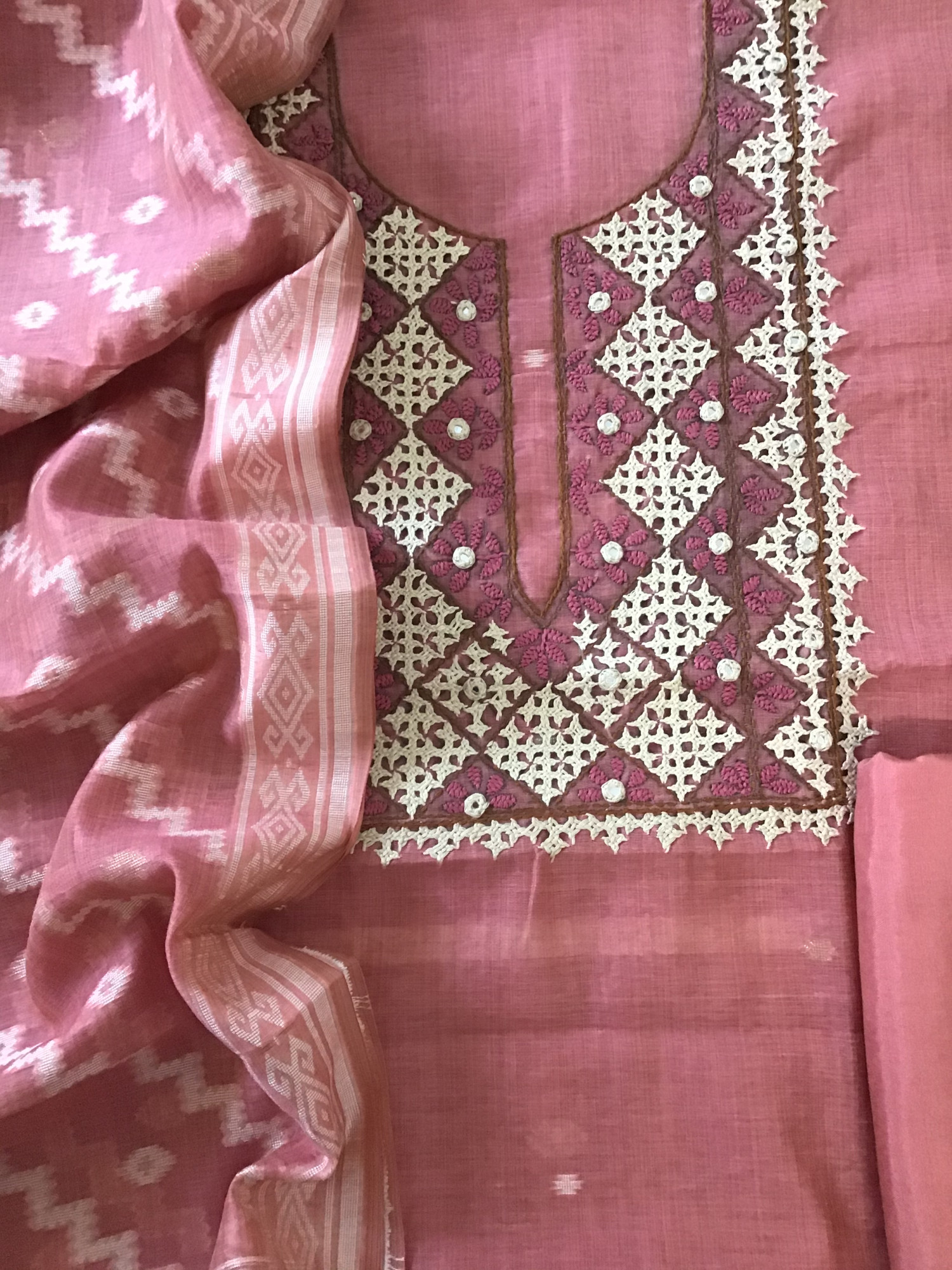 Soft Slub Chanderi Jamdani Weaved Embroidered Suit - Pink