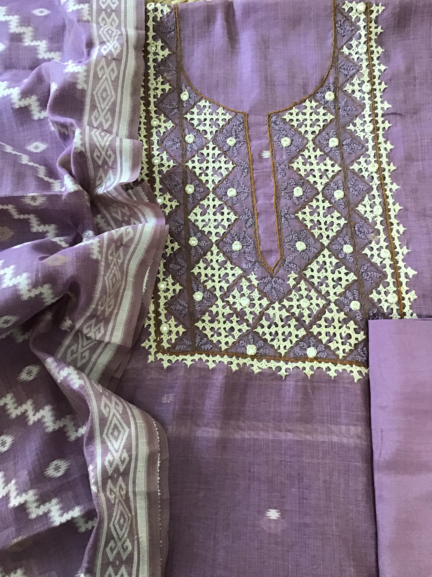 Soft Slub Chanderi Jamdani Weaved Embroidered Suit - Purple