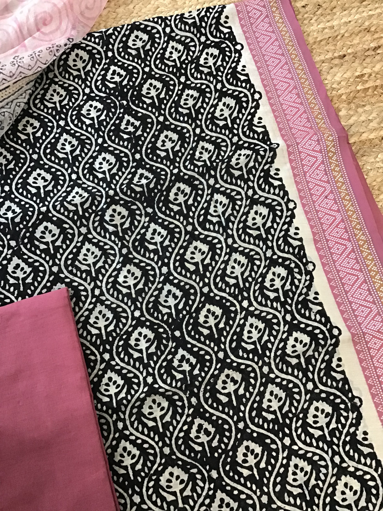 Pure Maheshwari Silk Printed Suit - BlackPink