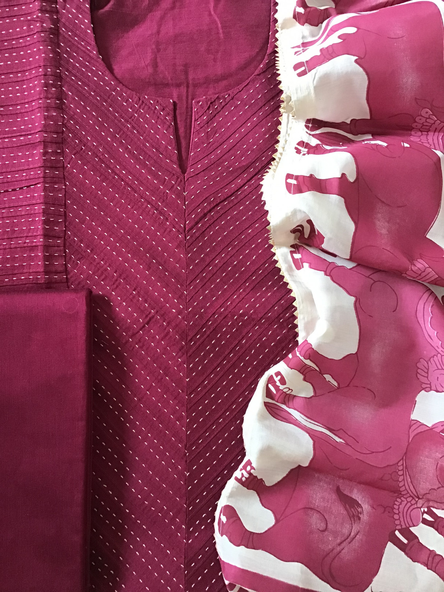 Pure Cotton Silk Embroidered Suit - Wine