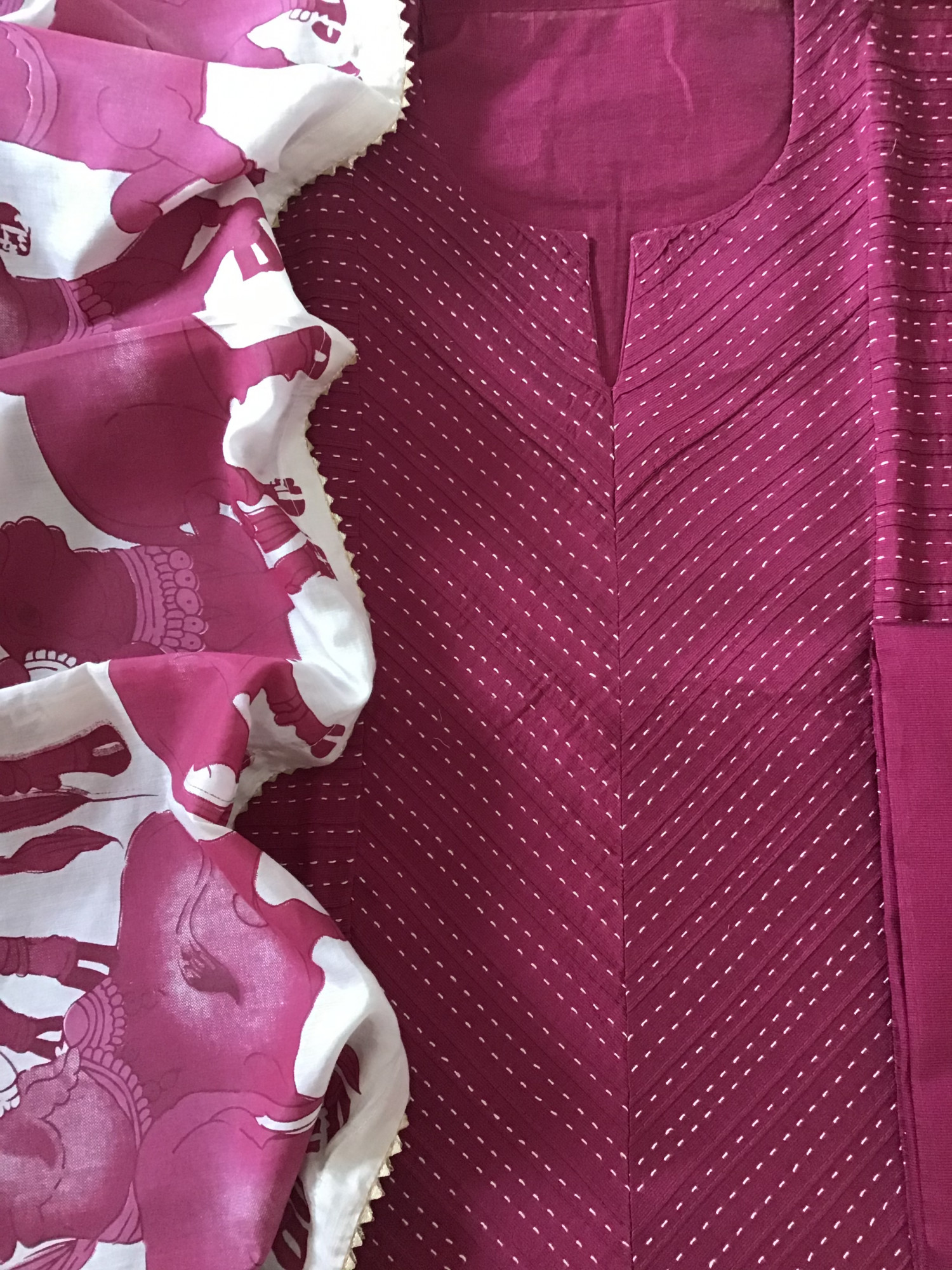 Pure Cotton Silk Embroidered Suit - Wine