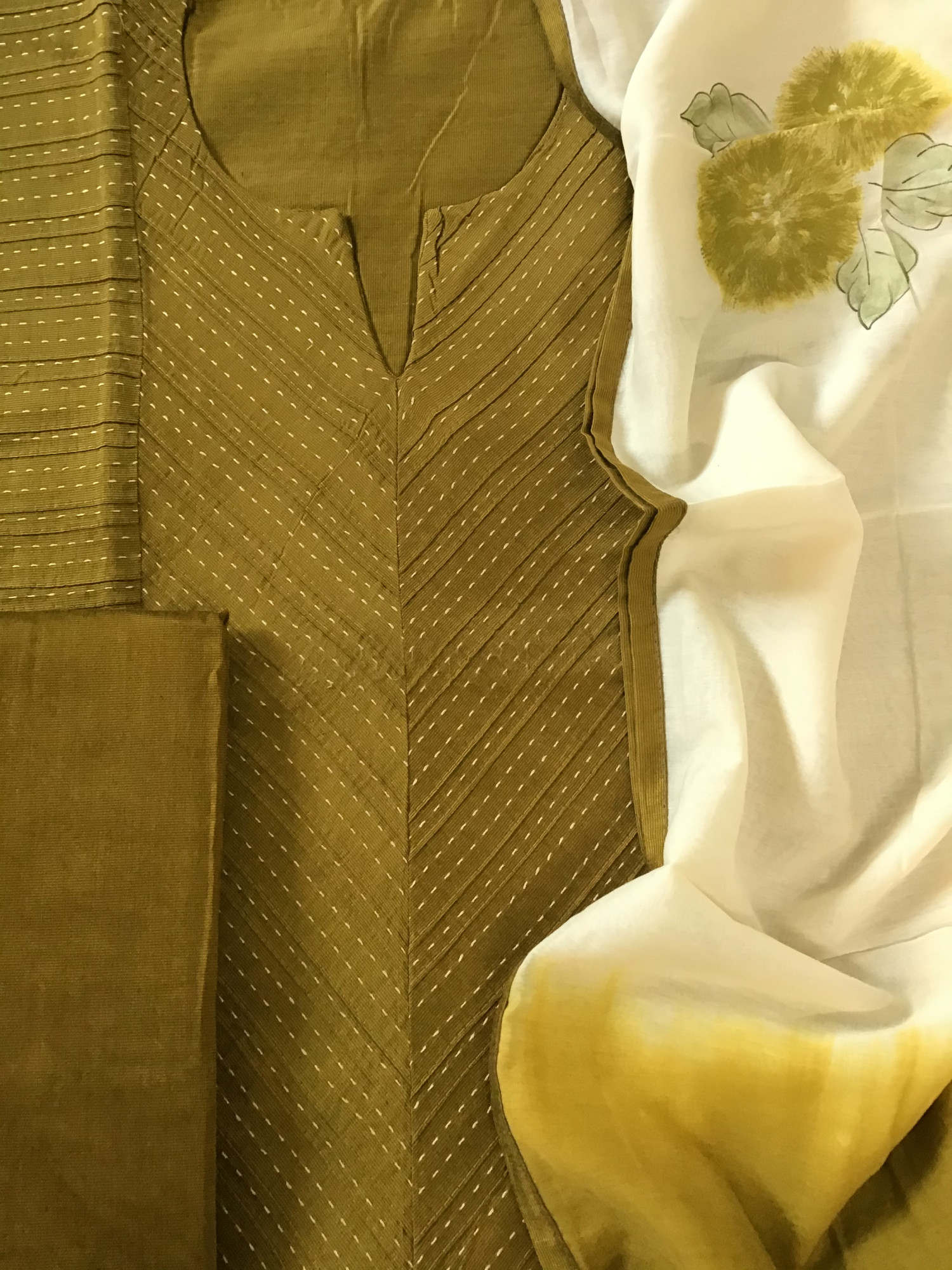 Pure Cotton Silk Embroidered Suit - Greenish Golden
