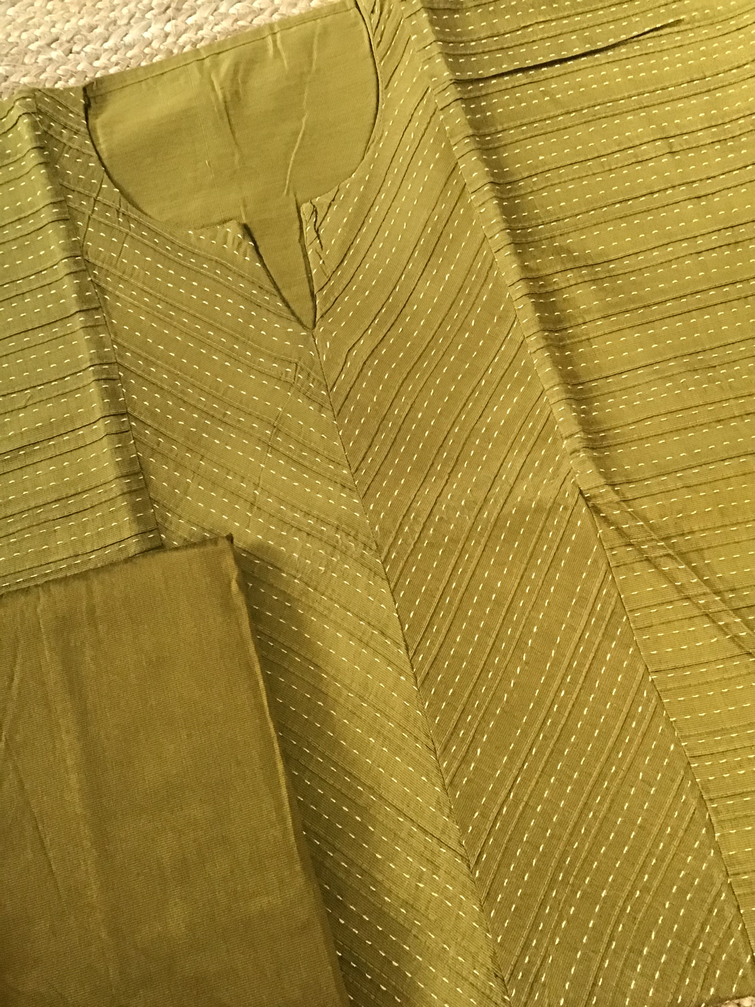 Pure Cotton Silk Embroidered Suit - Greenish Golden