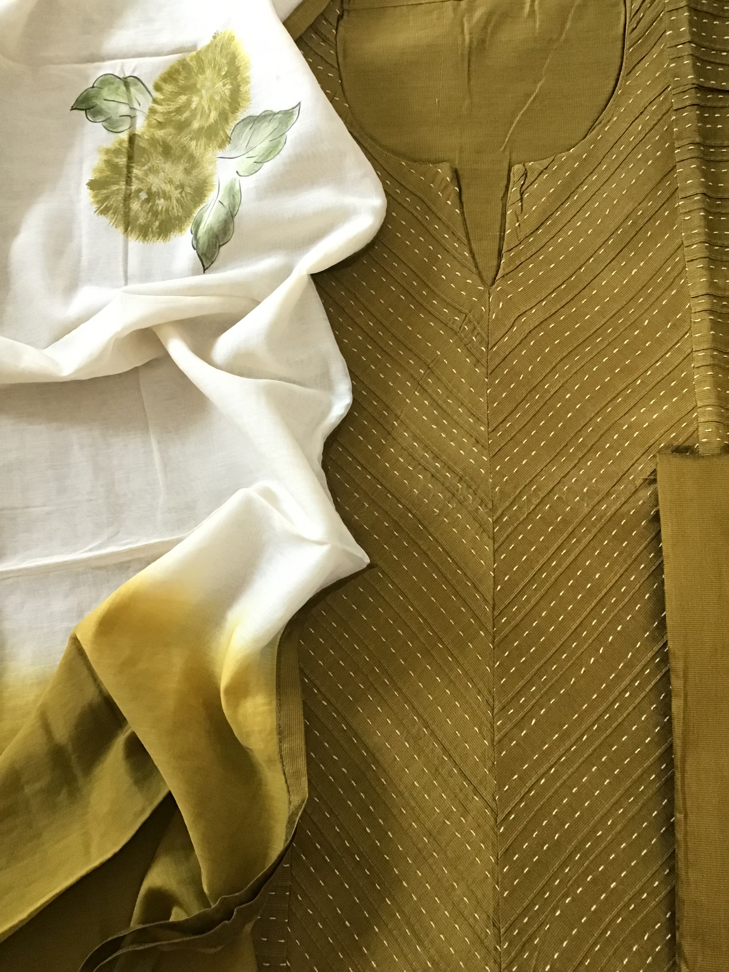 Pure Cotton Silk Embroidered Suit - Greenish Golden