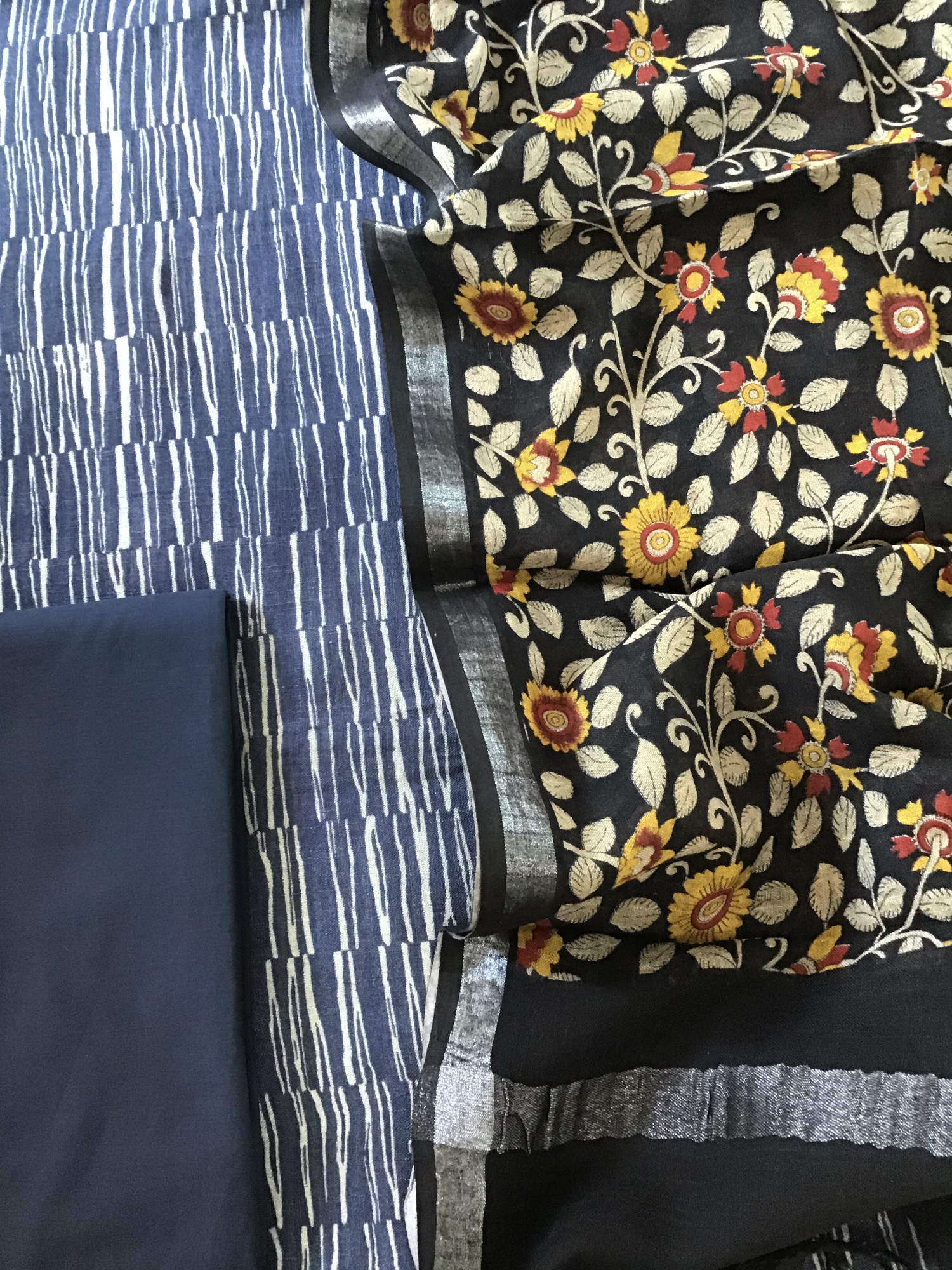 Pure Linen Jute Cotton Silk Printed Suit - Blue