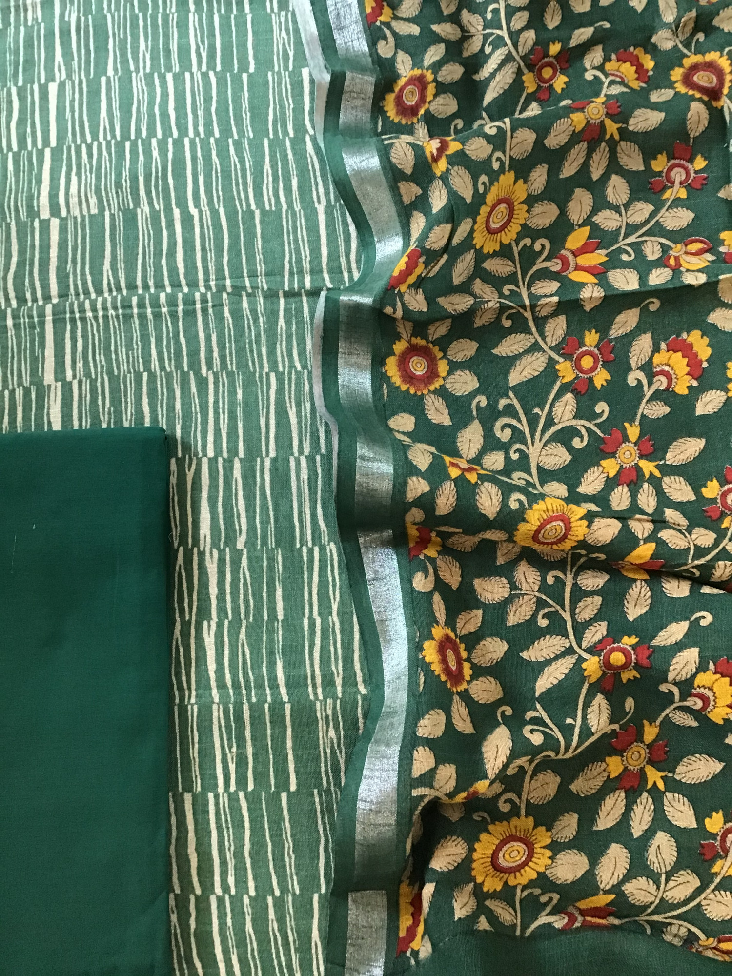 Pure Linen Jute Cotton Silk Printed Suit - Green