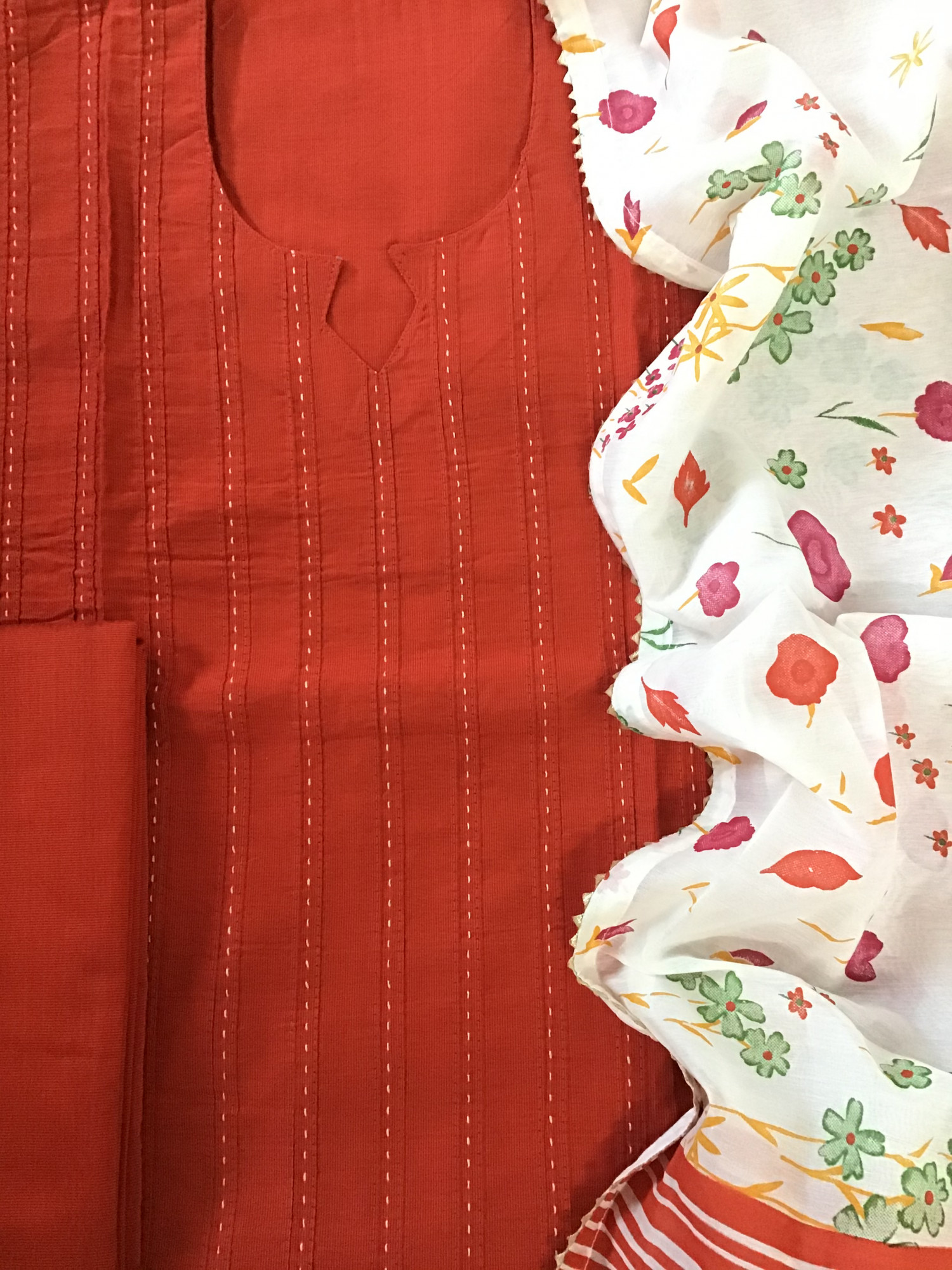 Pure Cotton Silk Embroidered Suit - Orange