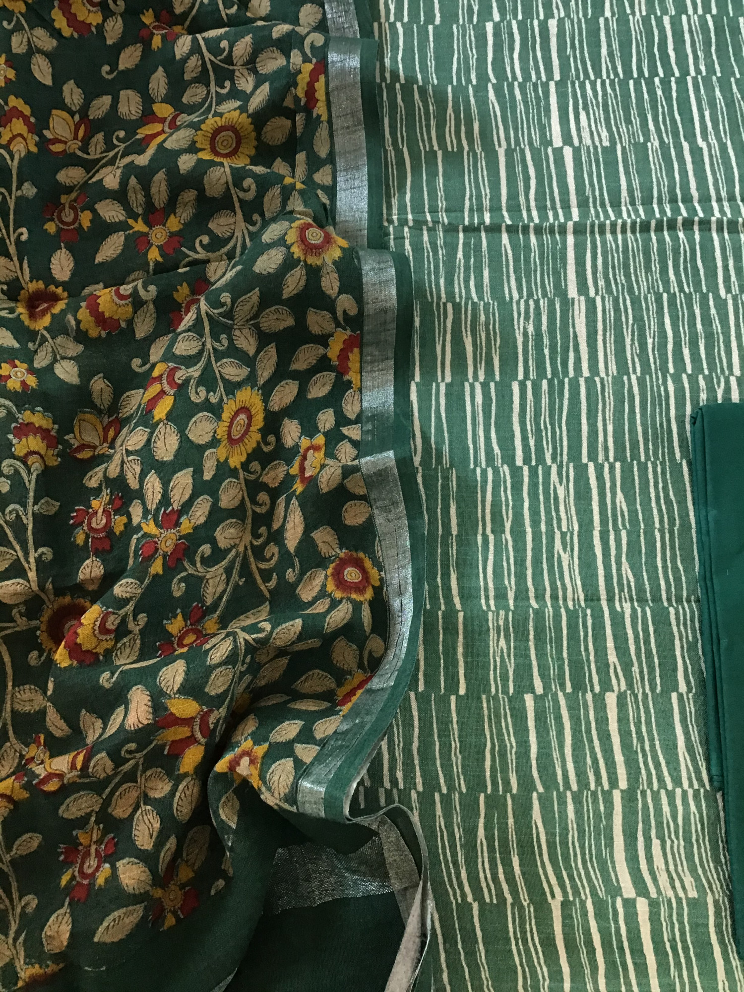 Pure Linen Jute Cotton Silk Printed Suit - Green