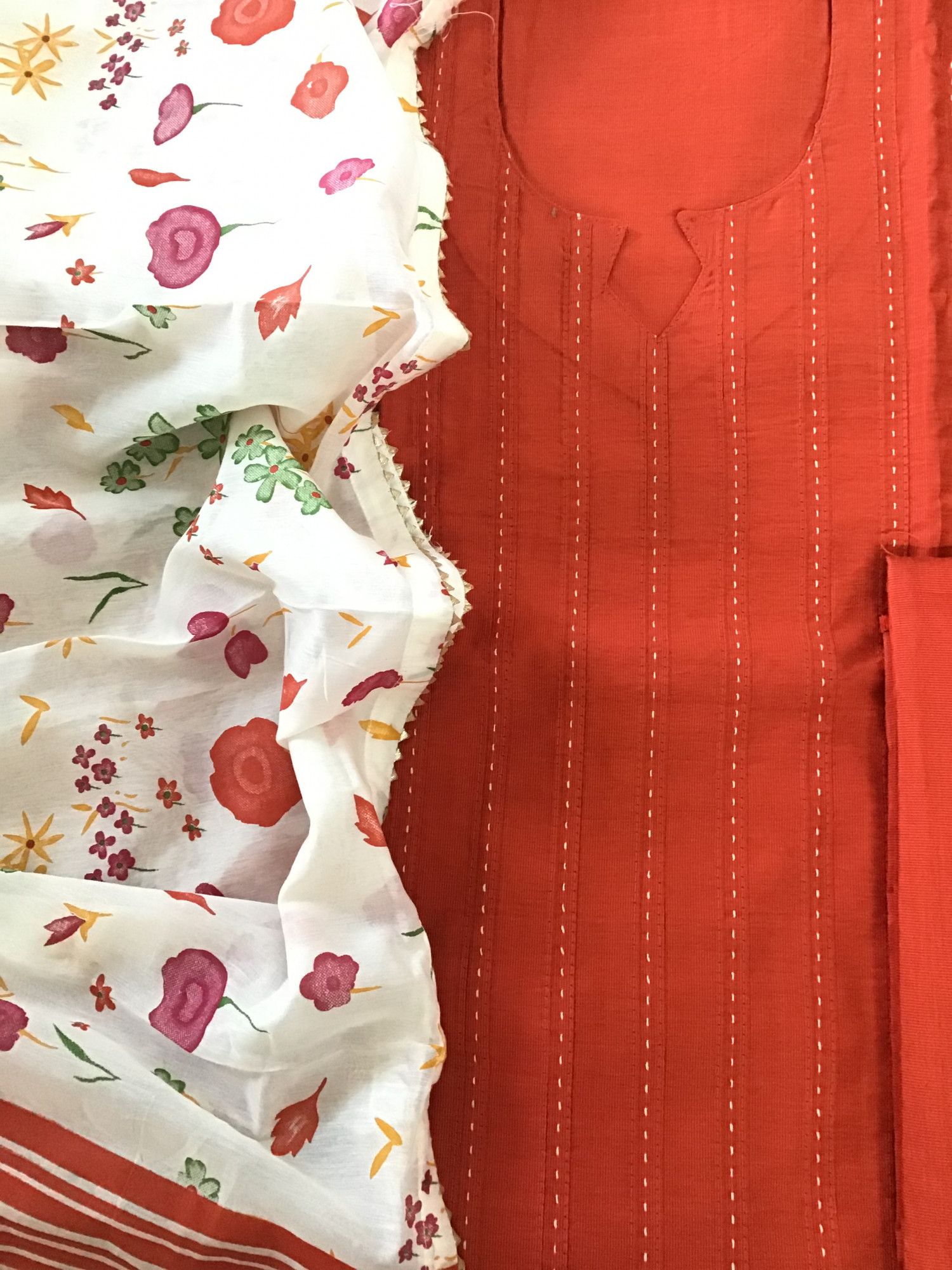 Pure Cotton Silk Embroidered Suit - Orange