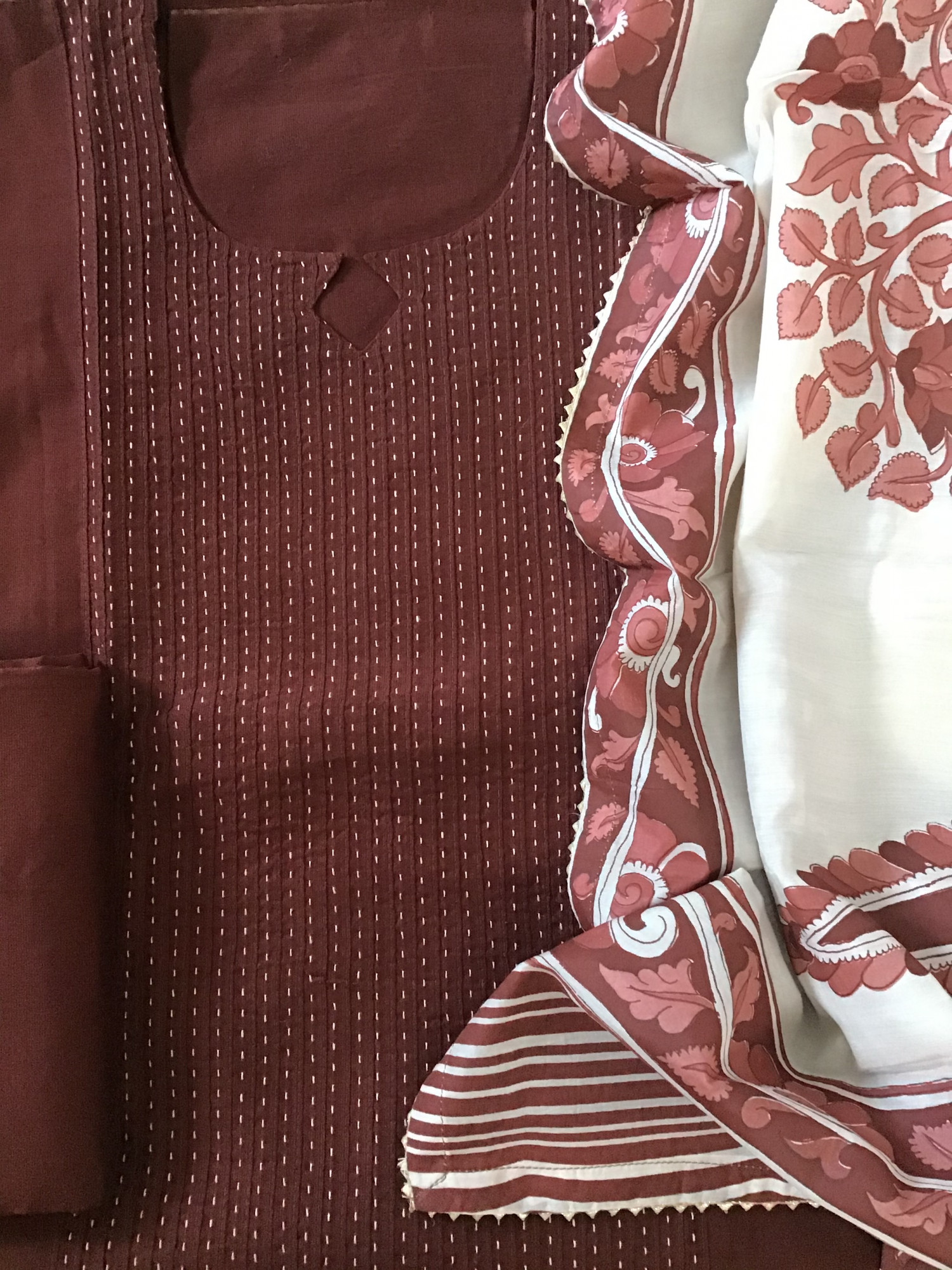 Pure Cotton Silk Embroidered Suit - Brown