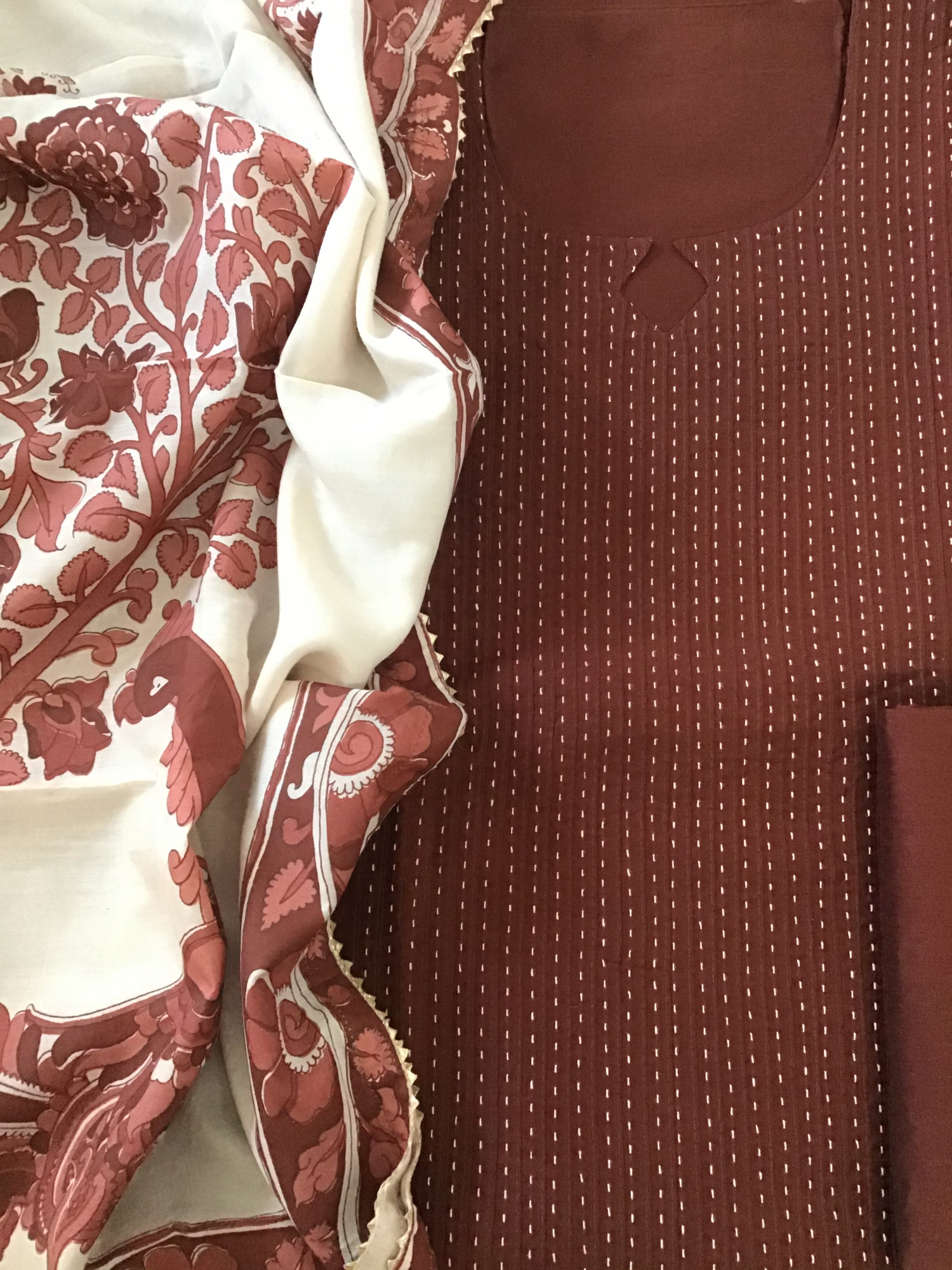 Pure Cotton Silk Embroidered Suit - Brown