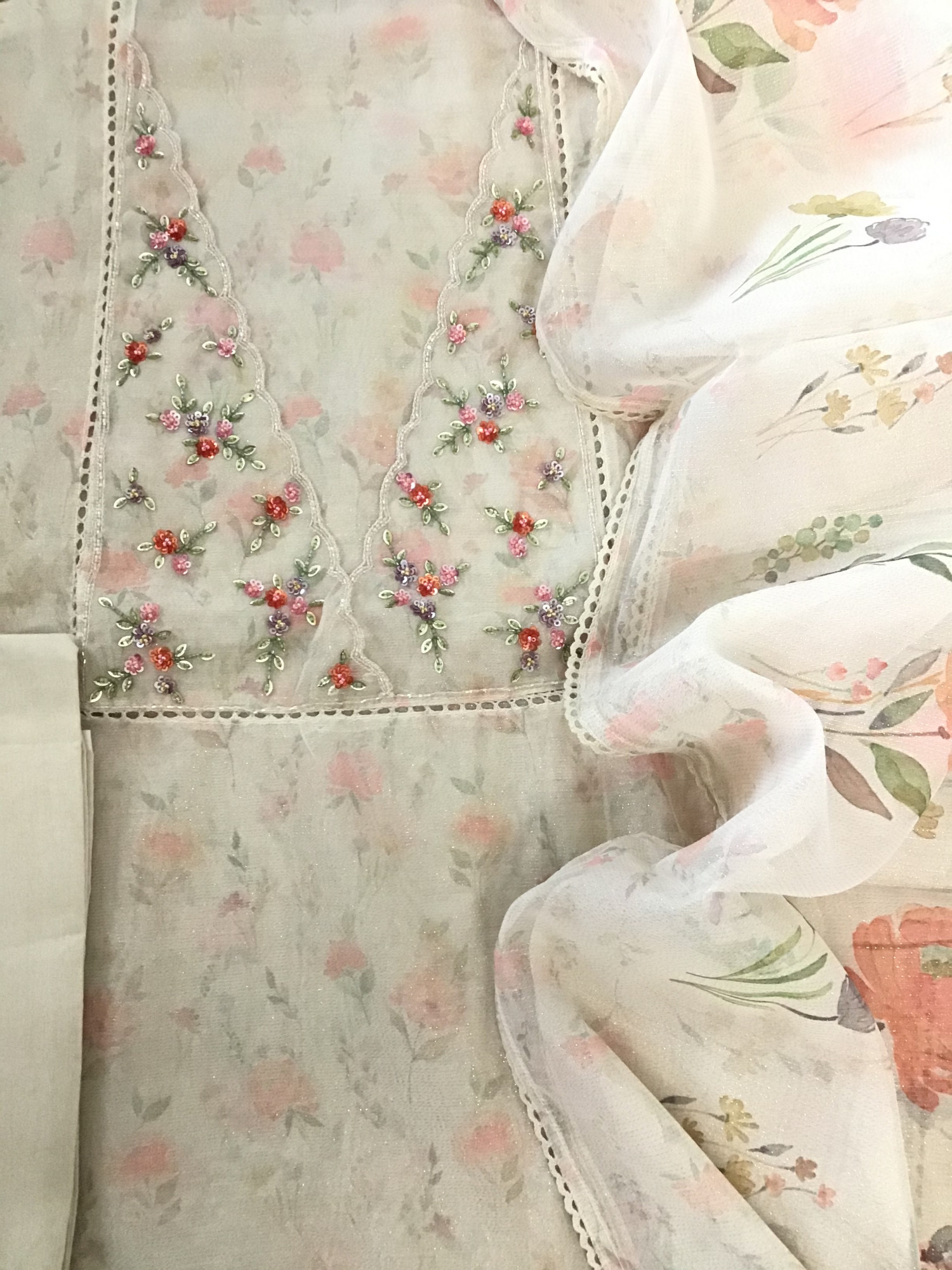 Soft Tissue Organza Printed Embroidered Suit - Offwhite
