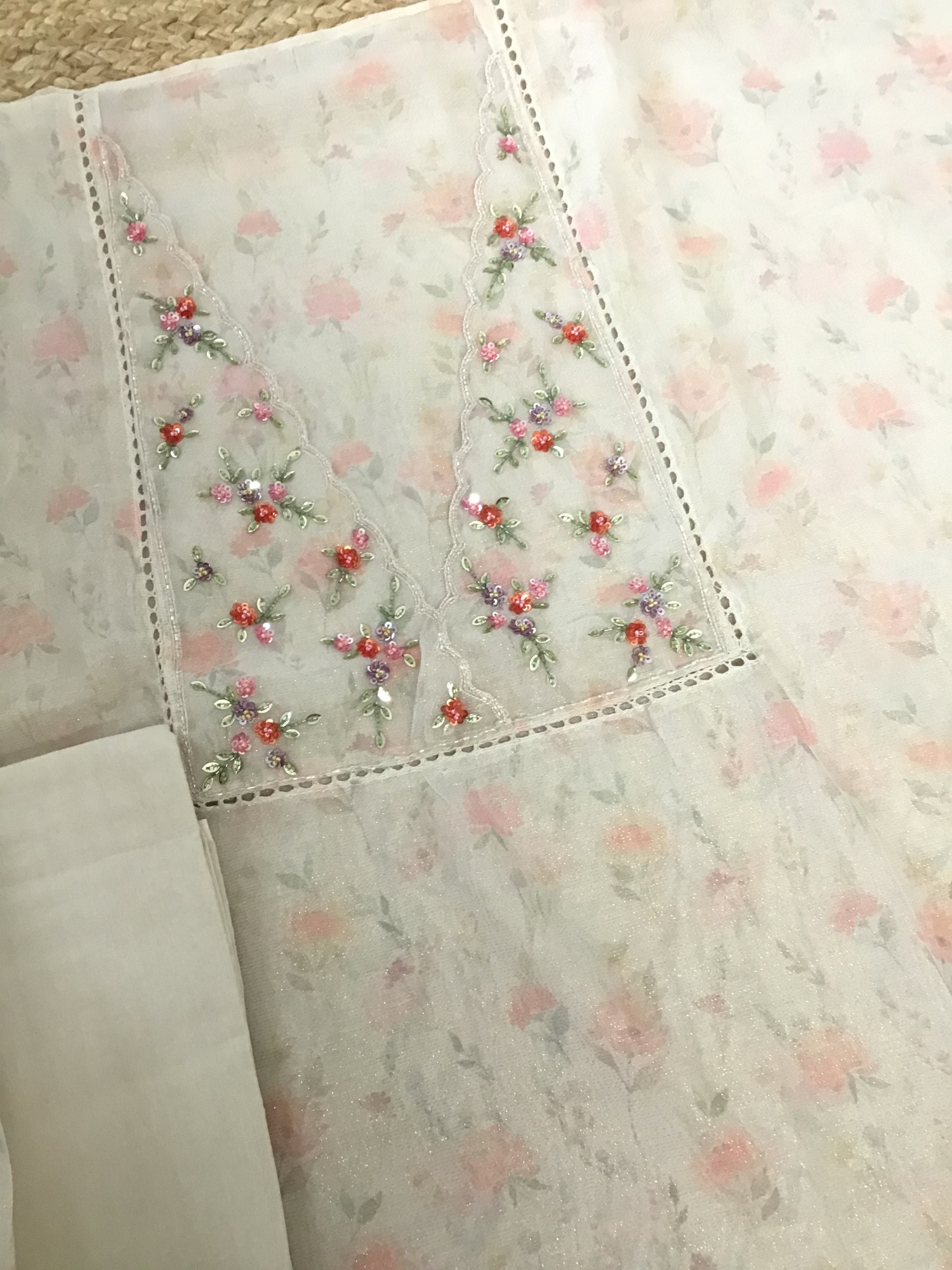 Soft Tissue Organza Printed Embroidered Suit - Offwhite