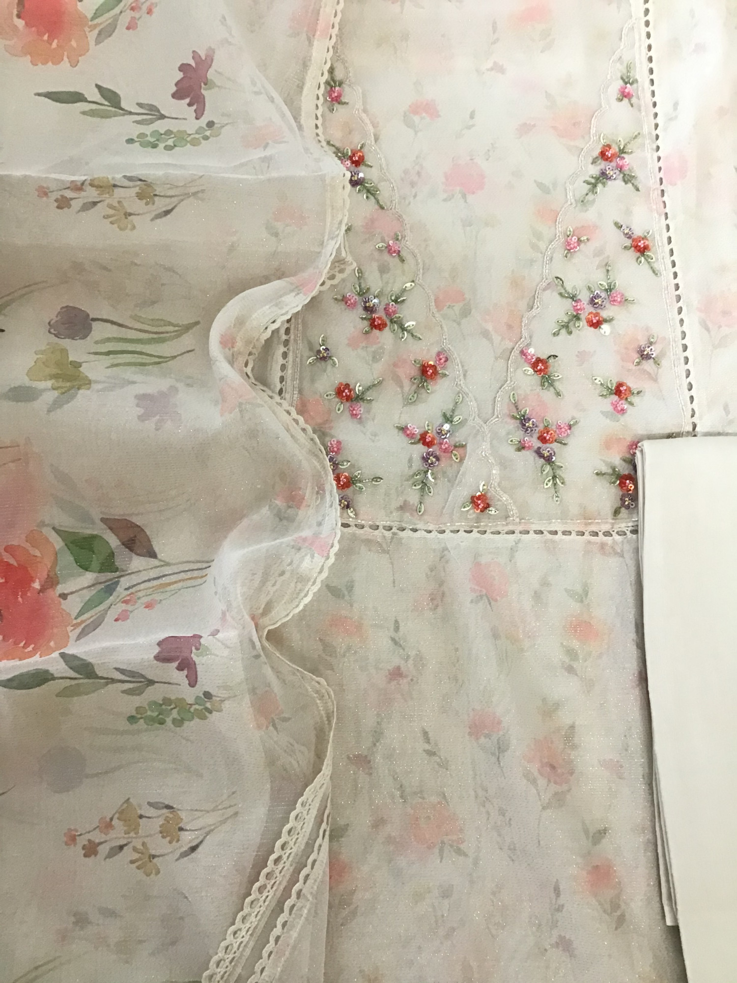 Soft Tissue Organza Printed Embroidered Suit - Offwhite