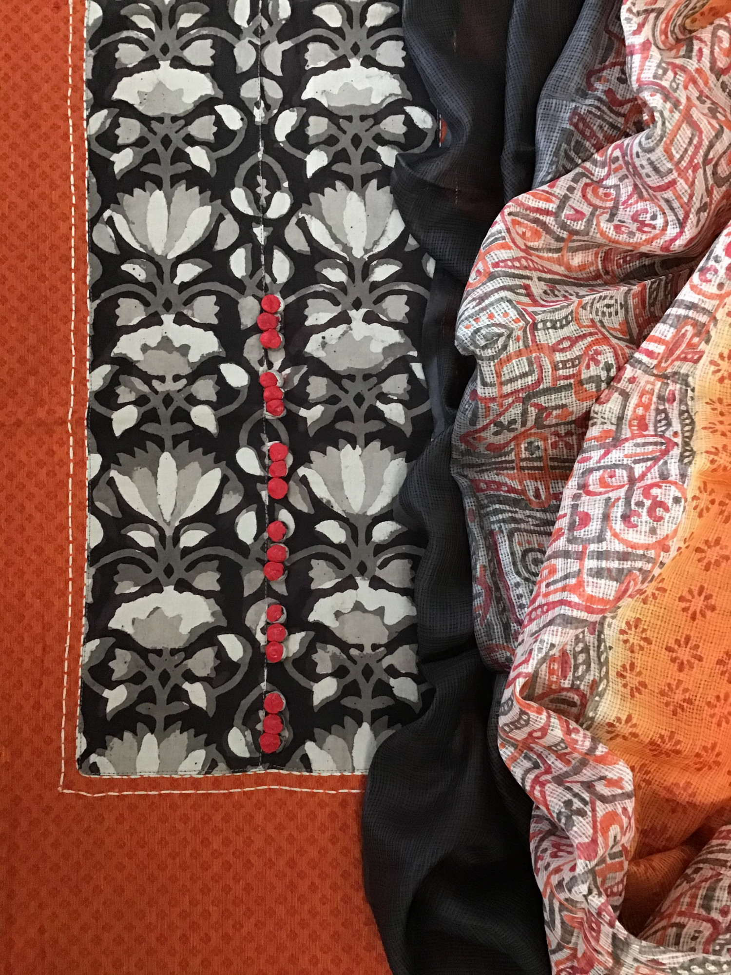 Pure Handloom Cotton Self Weaved Embroidered Suit - Orange