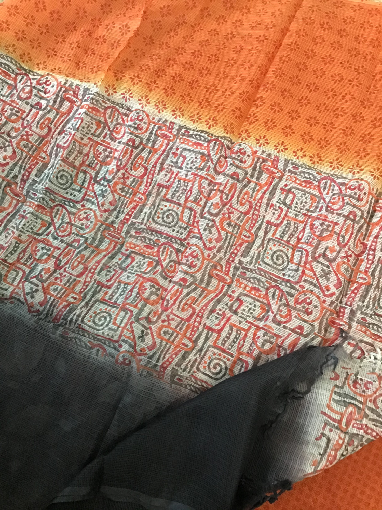 Pure Handloom Cotton Self Weaved Embroidered Suit - Orange