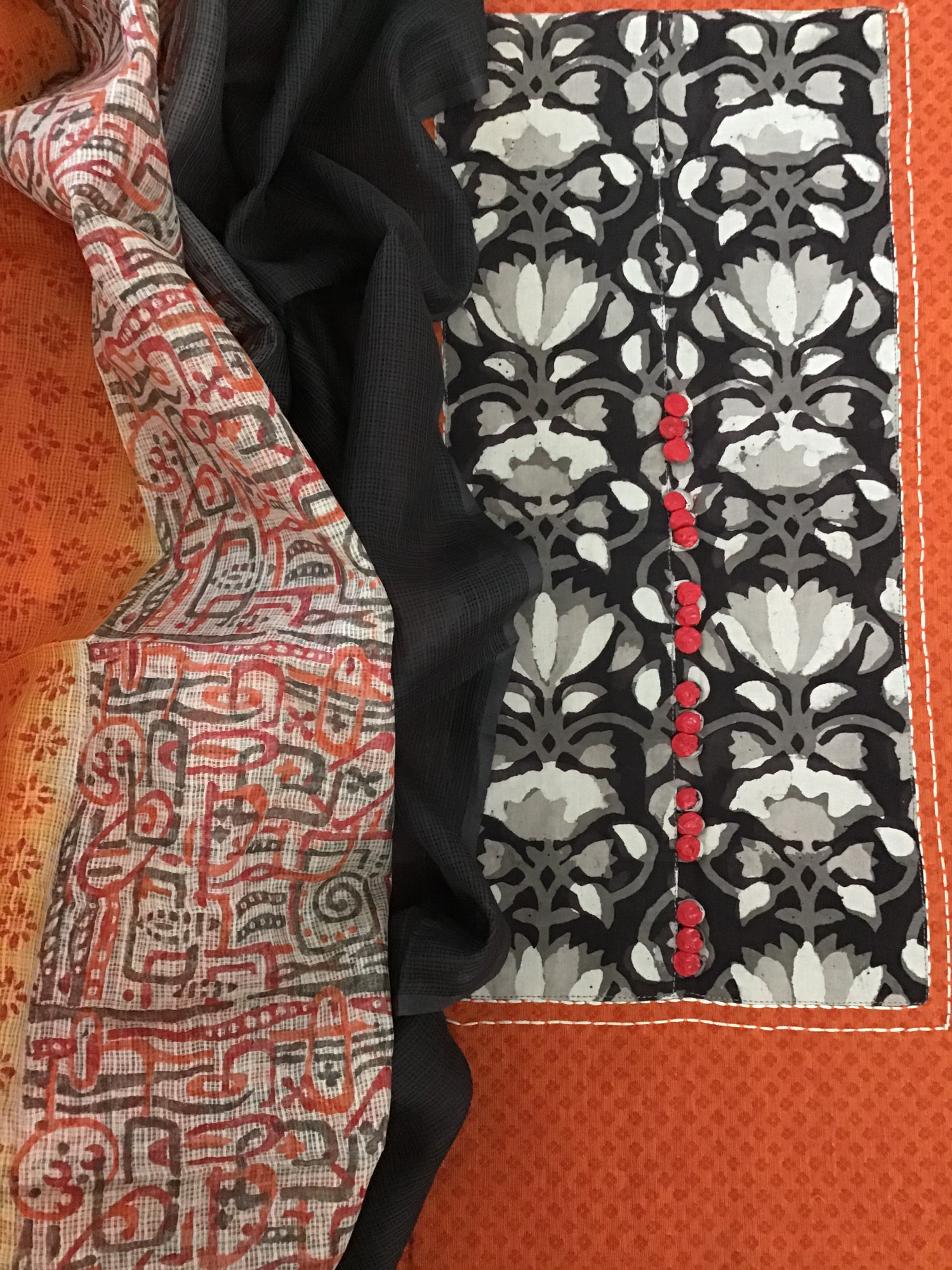 Pure Handloom Cotton Self Weaved Embroidered Suit - Orange