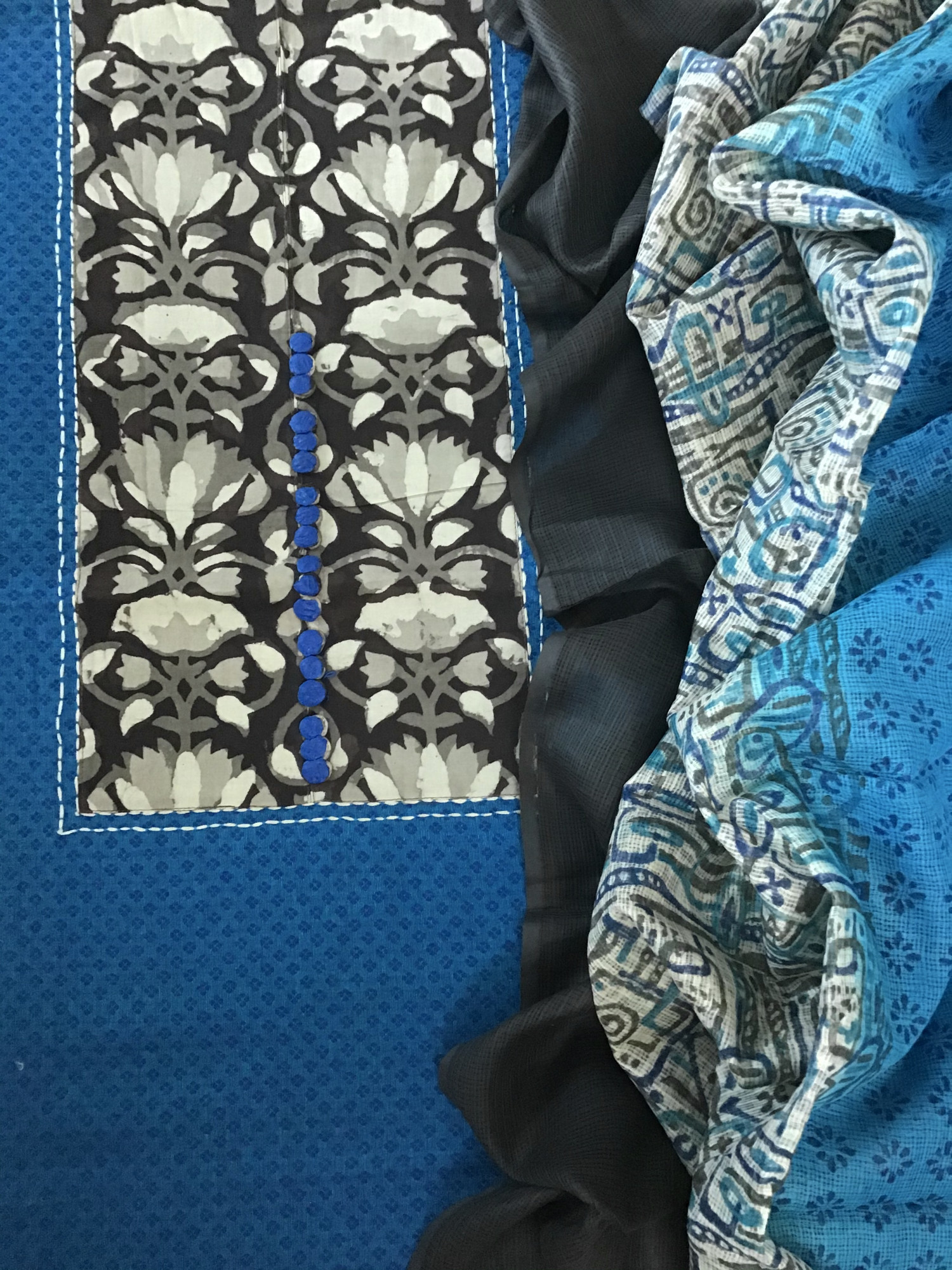 Pure Handloom Cotton Self Weaved Embroidered Suit - Blue