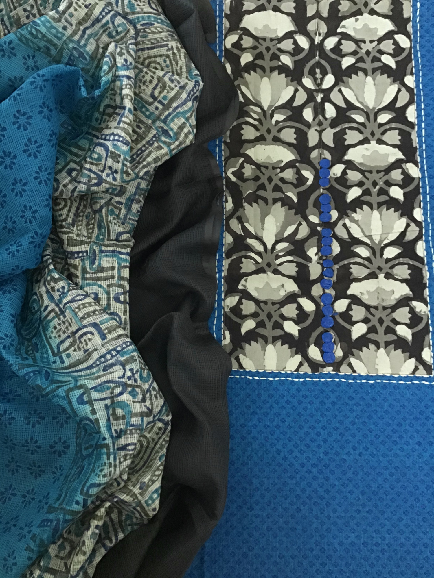 Pure Handloom Cotton Self Weaved Embroidered Suit - Blue