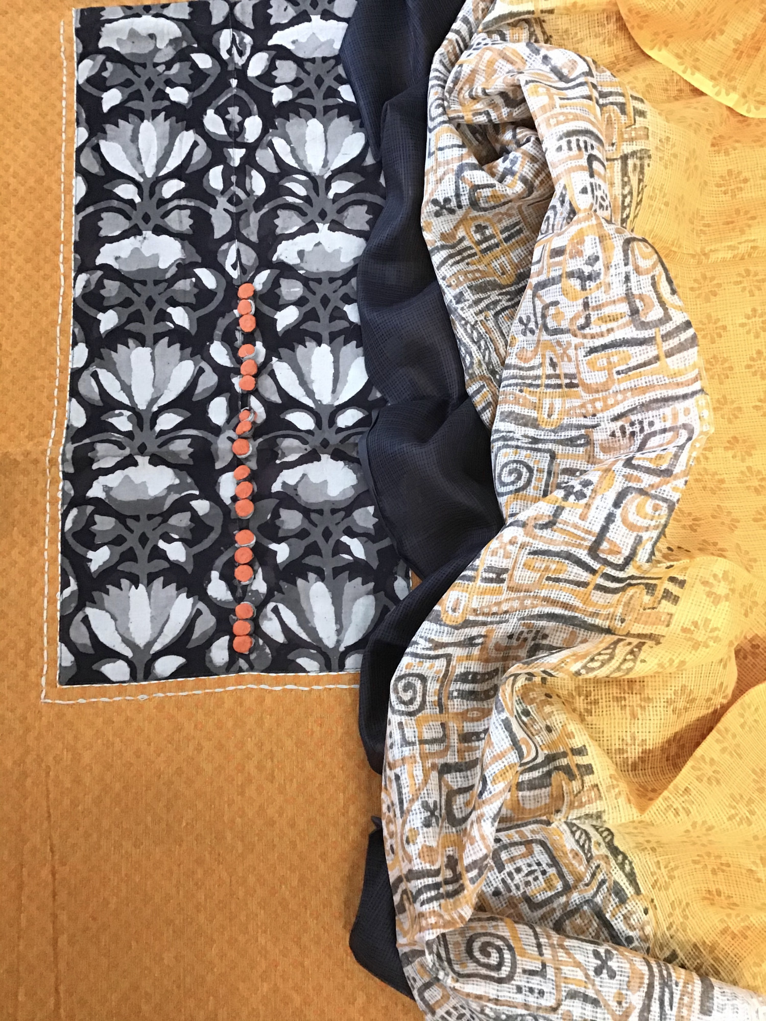 Pure Handloom Cotton Self Weaved Embroidered Suit - Yellow