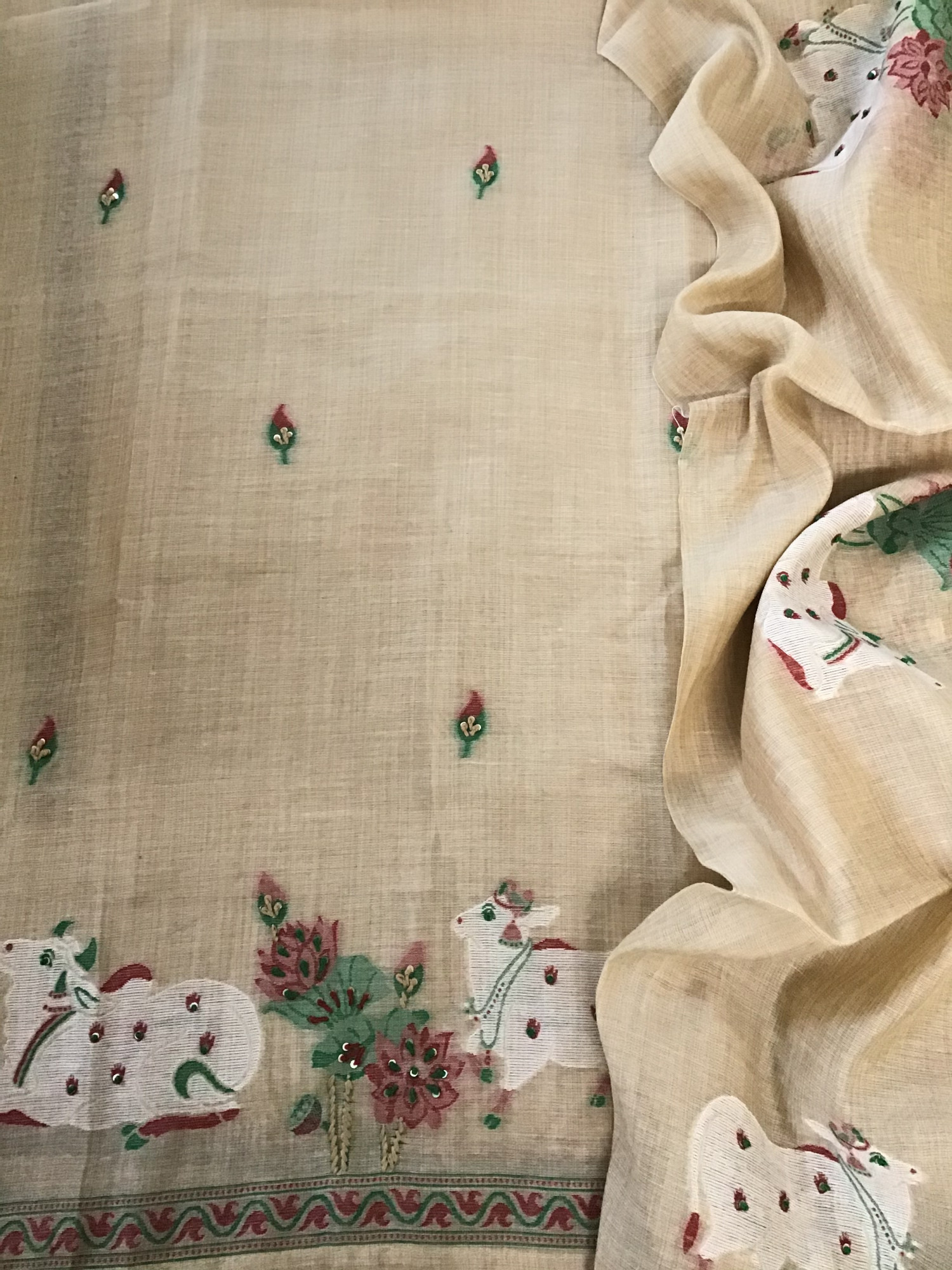 Soft Slub Chanderi Jamdani Weaved Embroidered Suit - Beige