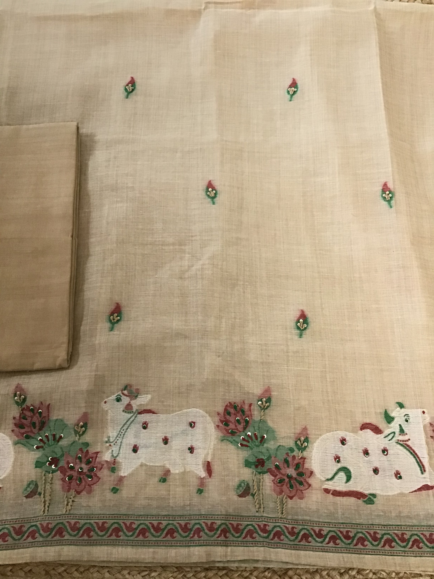 Soft Slub Chanderi Jamdani Weaved Embroidered Suit - Beige