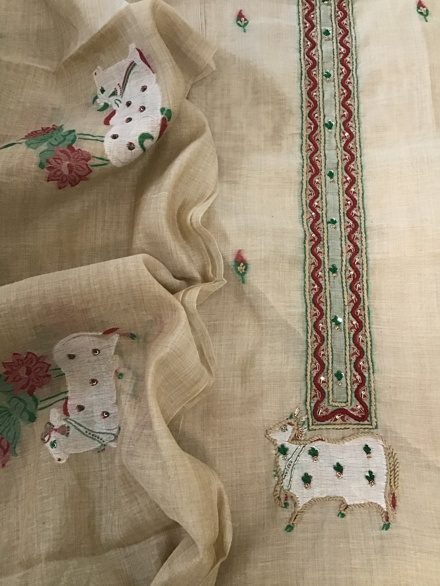 Soft Slub Chanderi Jamdani Weaved Embroidered Suit - Beige