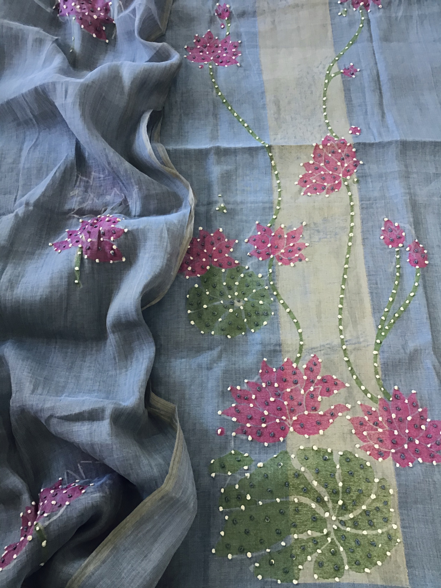 Soft Slub Chanderi Jamdani Weaved Embroidered Suit - Blue