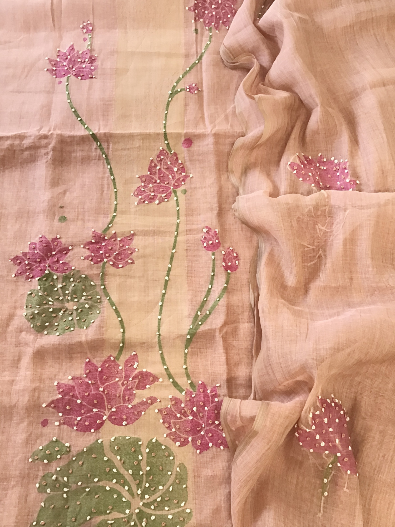 Soft Slub Chanderi Jamdani Weaved Embroidered Suit - Peach